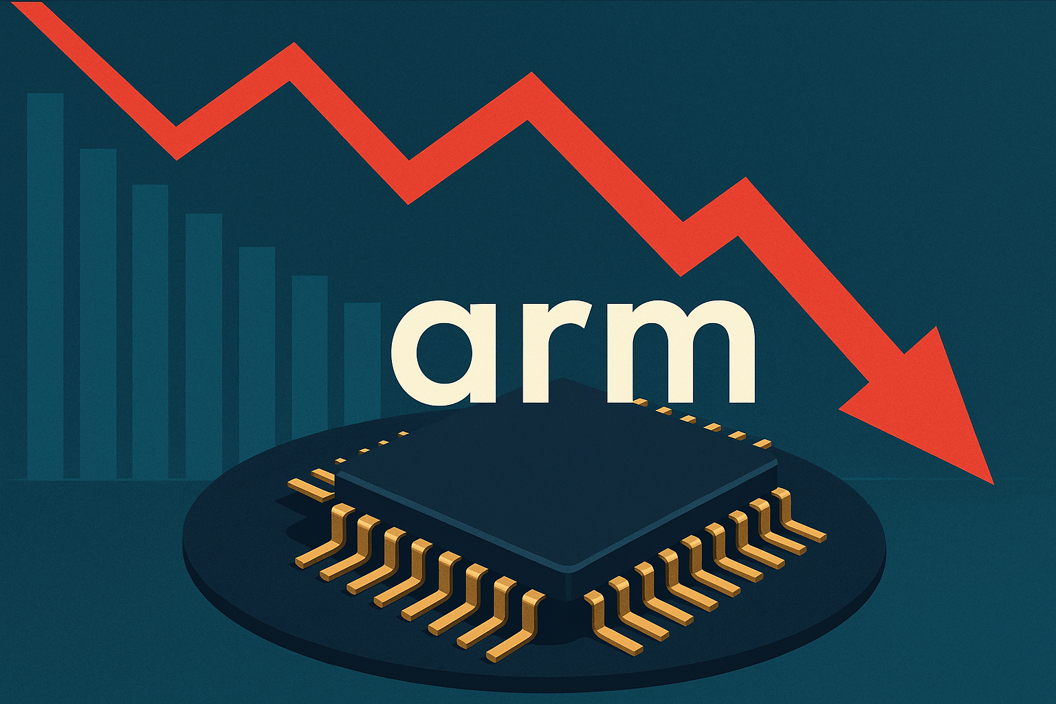 Illustration of a semiconductor chip with a downward red arrow and declining bar chart symbolizing Arm Holdings’ stock drop.