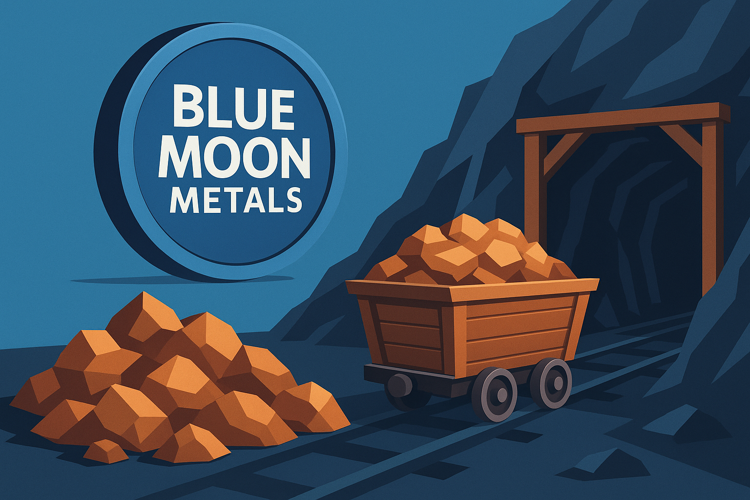 Illustration of a copper mining scene with Blue Moon Metals logo, mining cart, and copper ore.