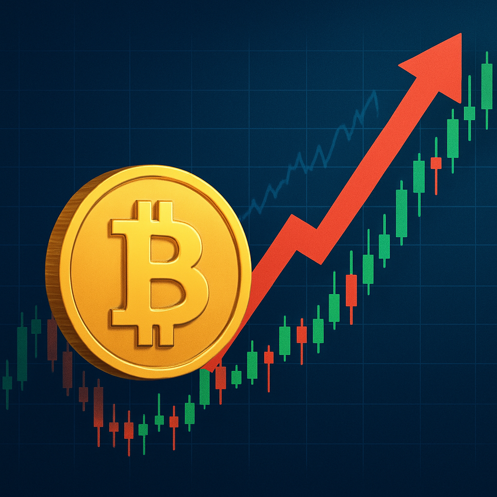 Digital illustration of a rising Bitcoin coin with a red upward arrow and candlestick chart in the background, symbolizing a bullish market trend.