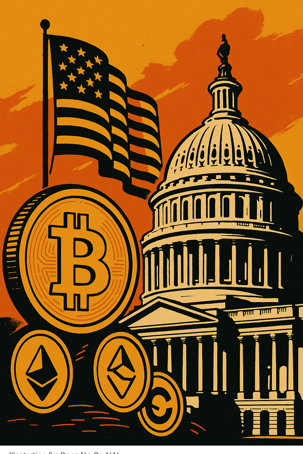 Illustration of U.S. Capitol dome with cryptocurrency symbols like Bitcoin and Ethereum in the foreground, alongside an American flag