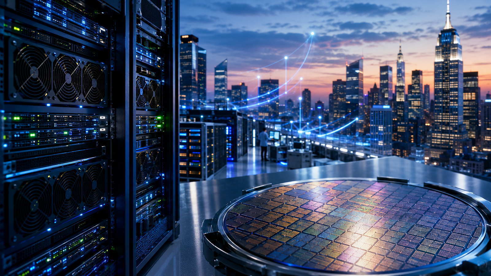 Server racks, a semiconductor wafer and a city skyline at dusk symbolize rising investment in artificial intelligence infrastructure and technology stocks.