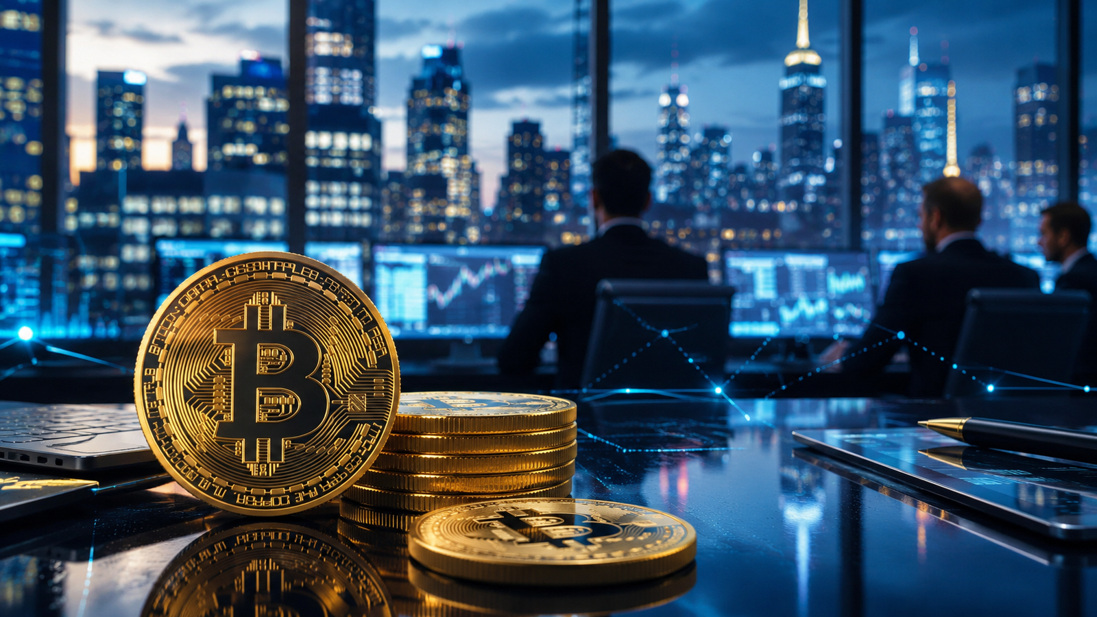 Gold Bitcoin coins sit on a trading desk in front of blurred financial monitors, suited investors and a city skyline at dusk.
