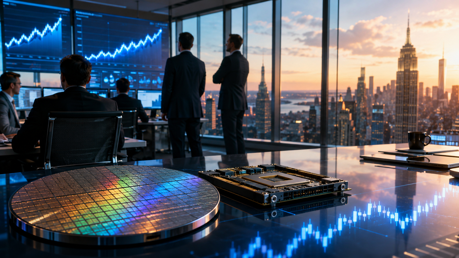 Investors in a modern trading office watch rising market charts beside a semiconductor wafer and AI chip module, with a New York-style skyline at sunset.