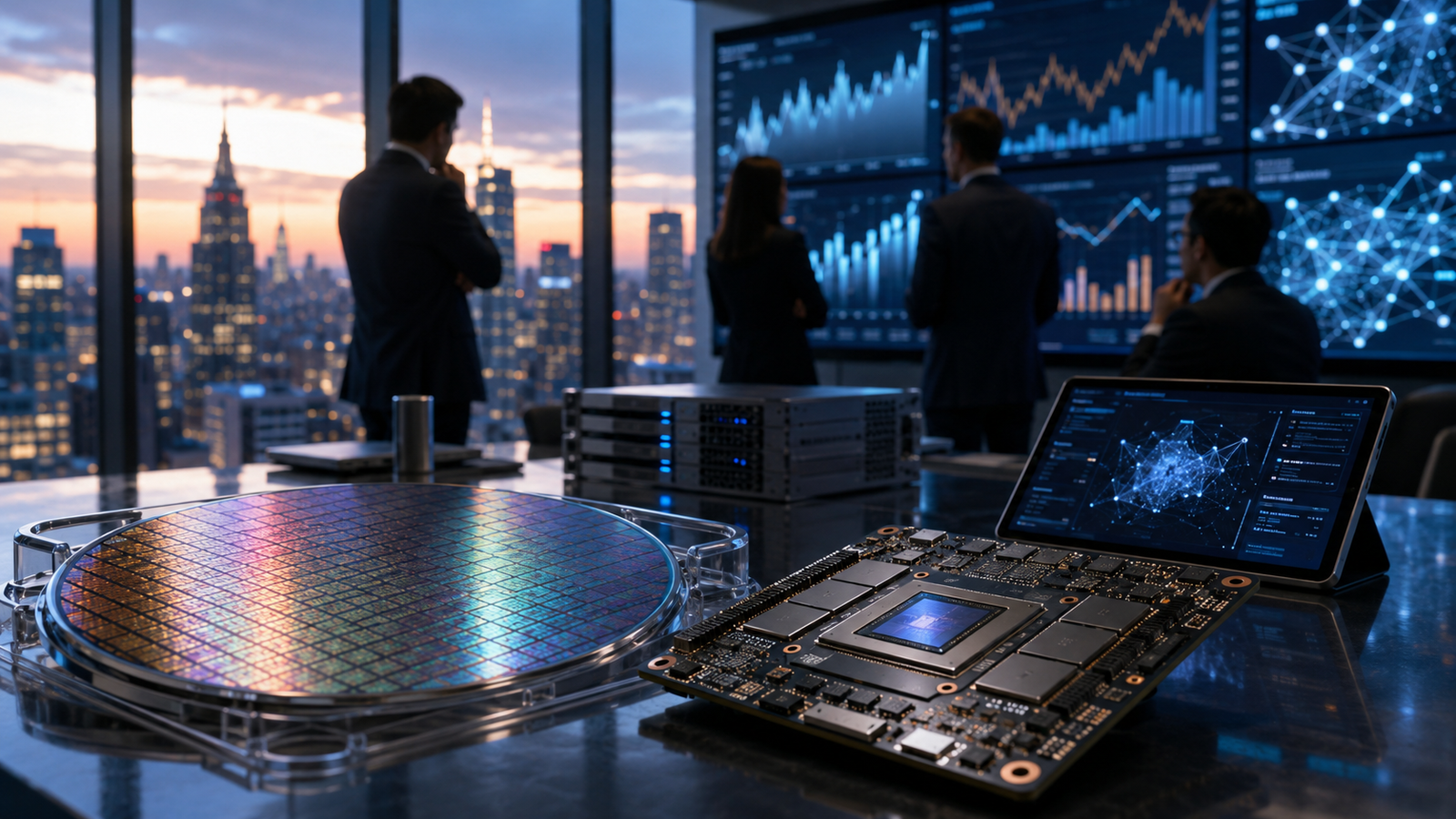 Semiconductor wafer, AI chip board and enterprise analytics screens sit in a modern executive office as business professionals review market data.