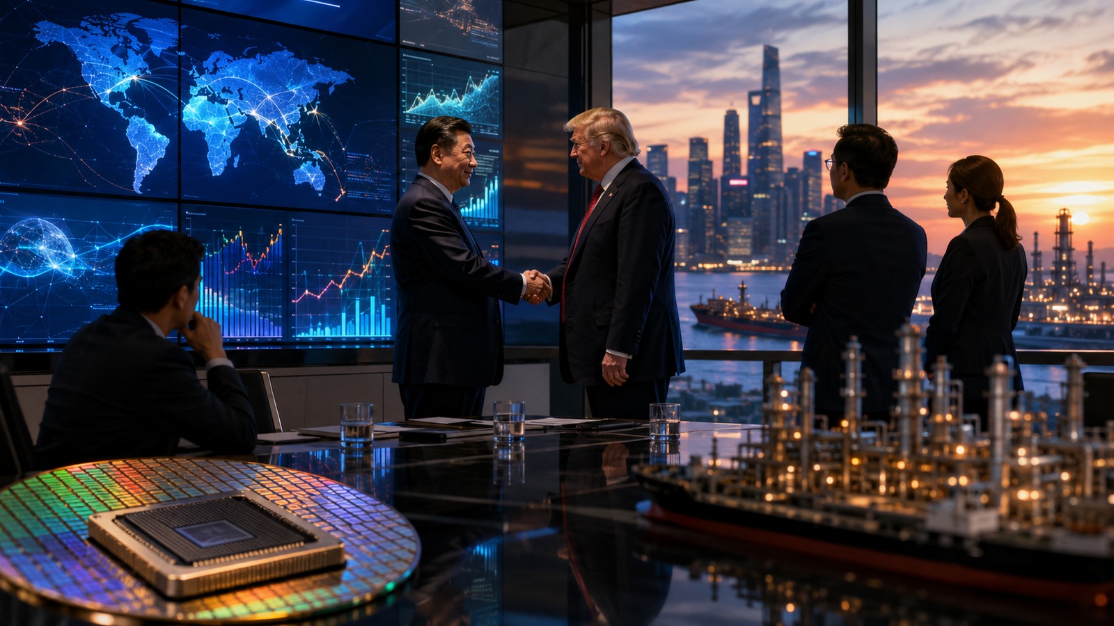Two senior statesman-like figures shake hands in a financial strategy room with world market screens, semiconductor hardware and energy infrastructure models.