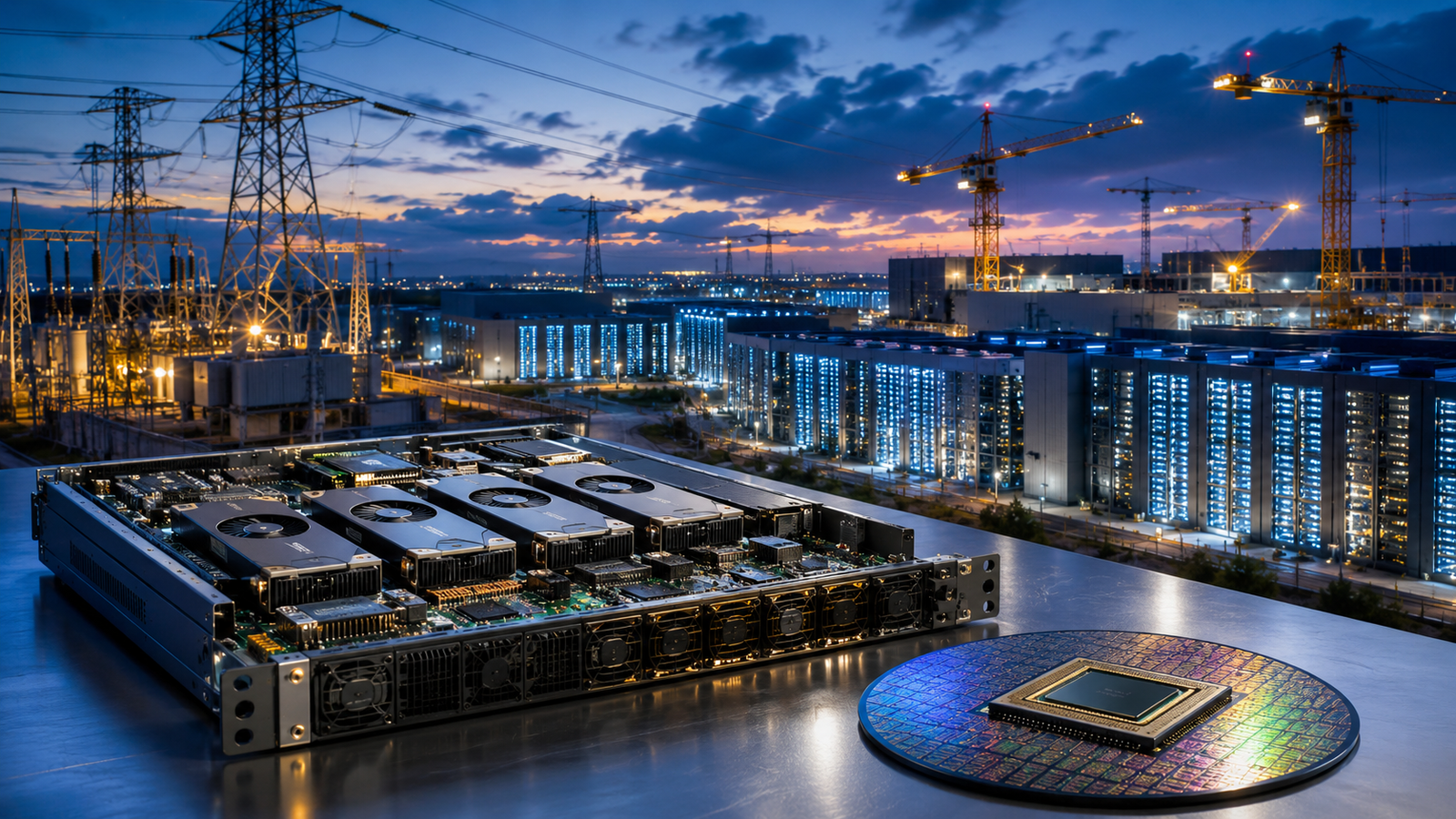GPU server hardware and a semiconductor wafer sit in front of a large illuminated data center campus with power lines and construction cranes at dusk.