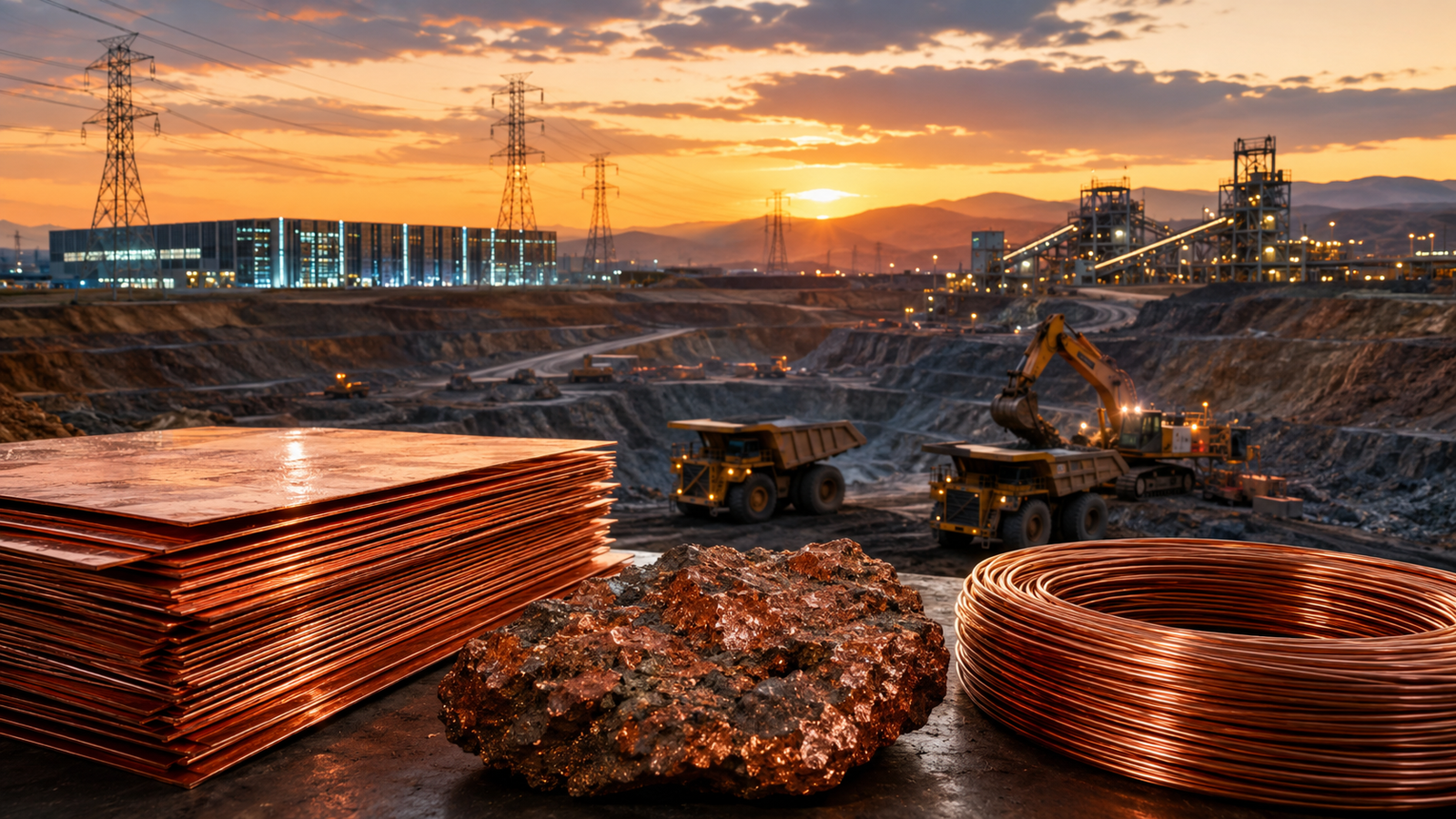 Stacked copper sheets, copper ore and coiled copper wire sit in front of an open-pit mine with haul trucks, power lines and industrial infrastructure at sunset.