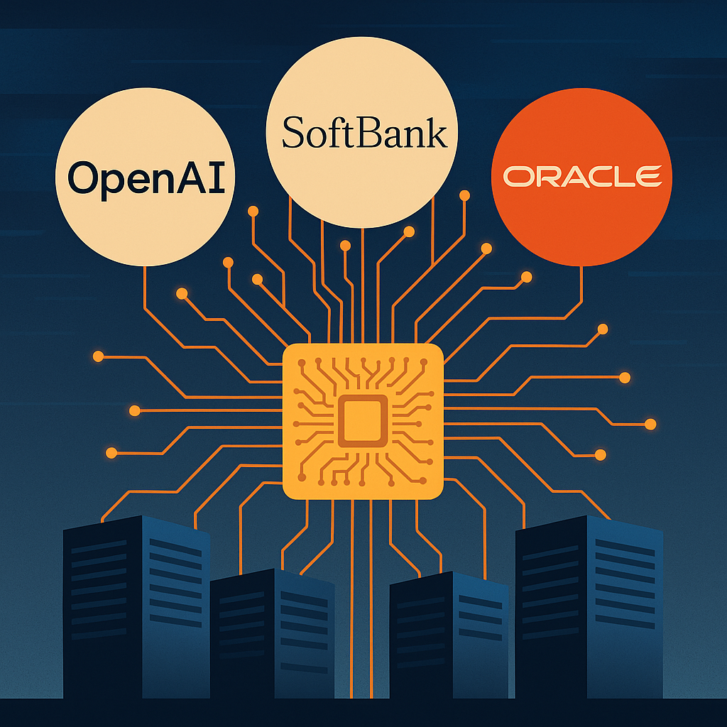 Illustration of a central microchip connected to data centers with OpenAI, SoftBank, and Oracle logos above it, symbolizing AI infrastructure development.