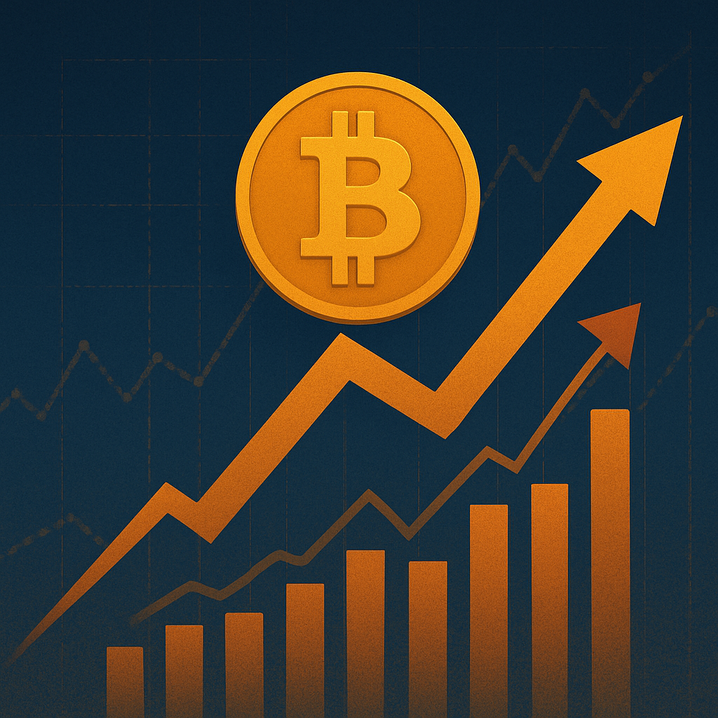 Digital illustration of a large golden Bitcoin symbol above rising arrows and bar charts representing upward market momentum.