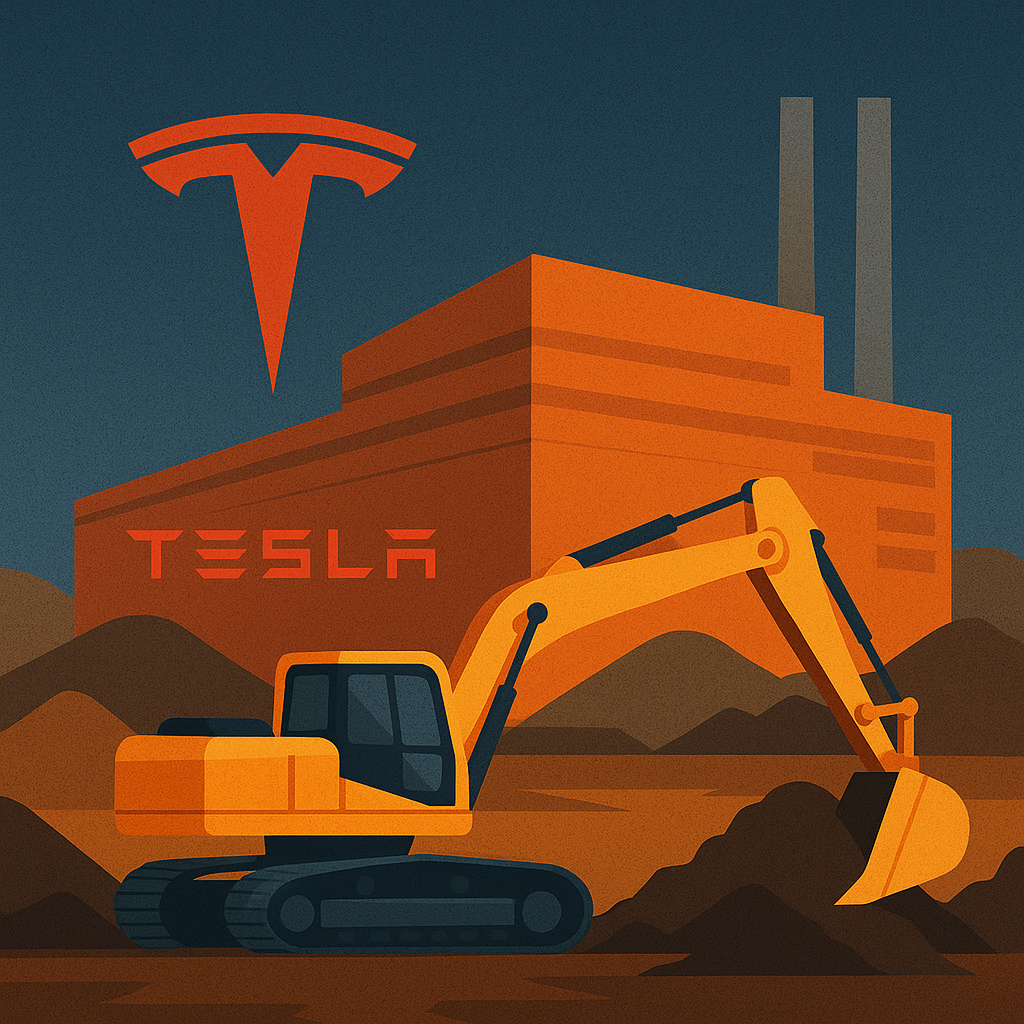 A flat-style digital illustration featuring a large Tesla factory and an orange crawler excavator working in the foreground.