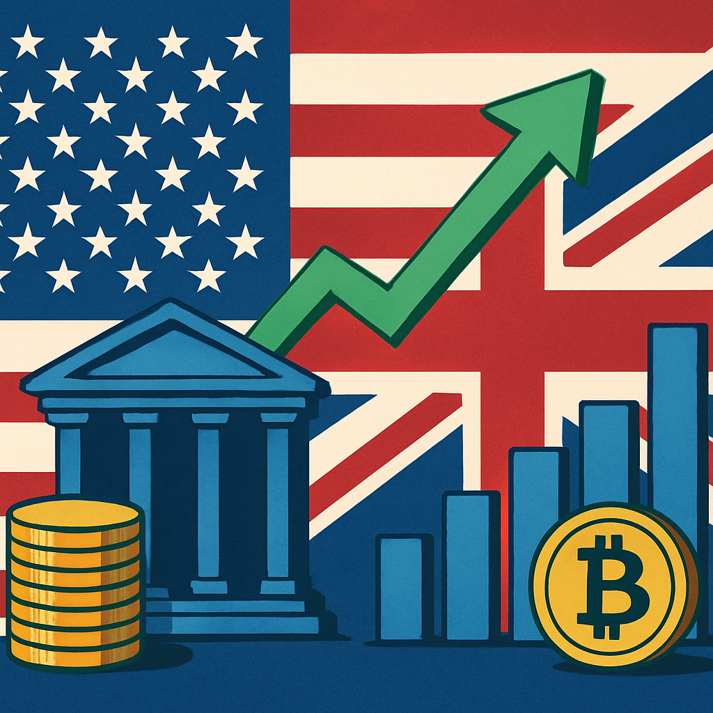 Illustration of U.S. and U.K. flags with financial symbols including coins, a bank building, bar chart, Bitcoin symbol, and an upward green arrow.