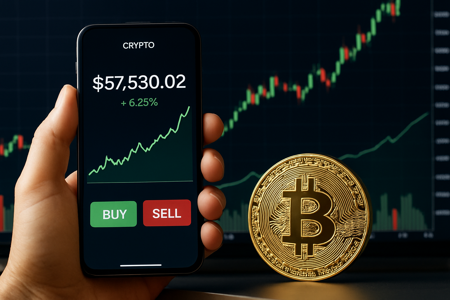 A person holding a smartphone showing Bitcoin’s price surge alongside a golden Bitcoin coin and a bullish market chart in the background.