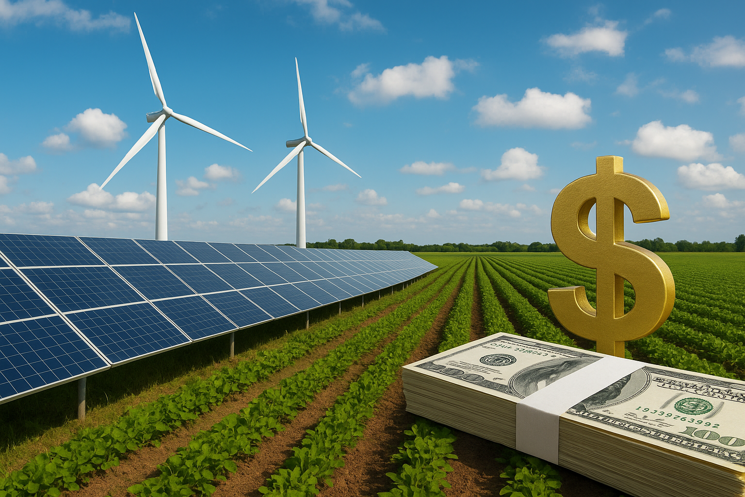 Solar panels and wind turbines in a farm field with a golden dollar sign and stack of U.S. dollar bills representing clean energy investment and sustainable agriculture.