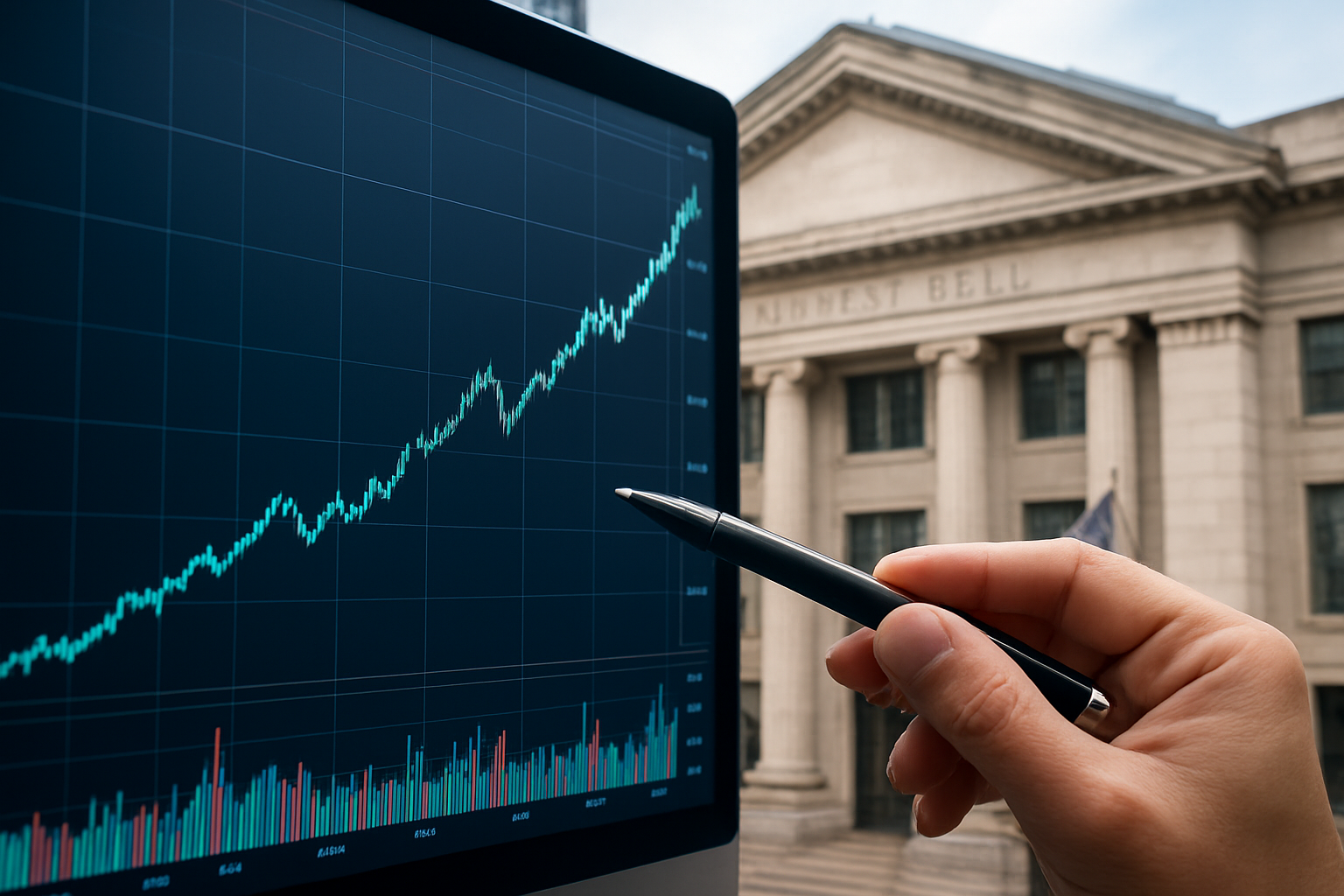 Traders monitor glowing stock tickers and rising market charts on digital screens as global markets rebound after U.S. political resolution.