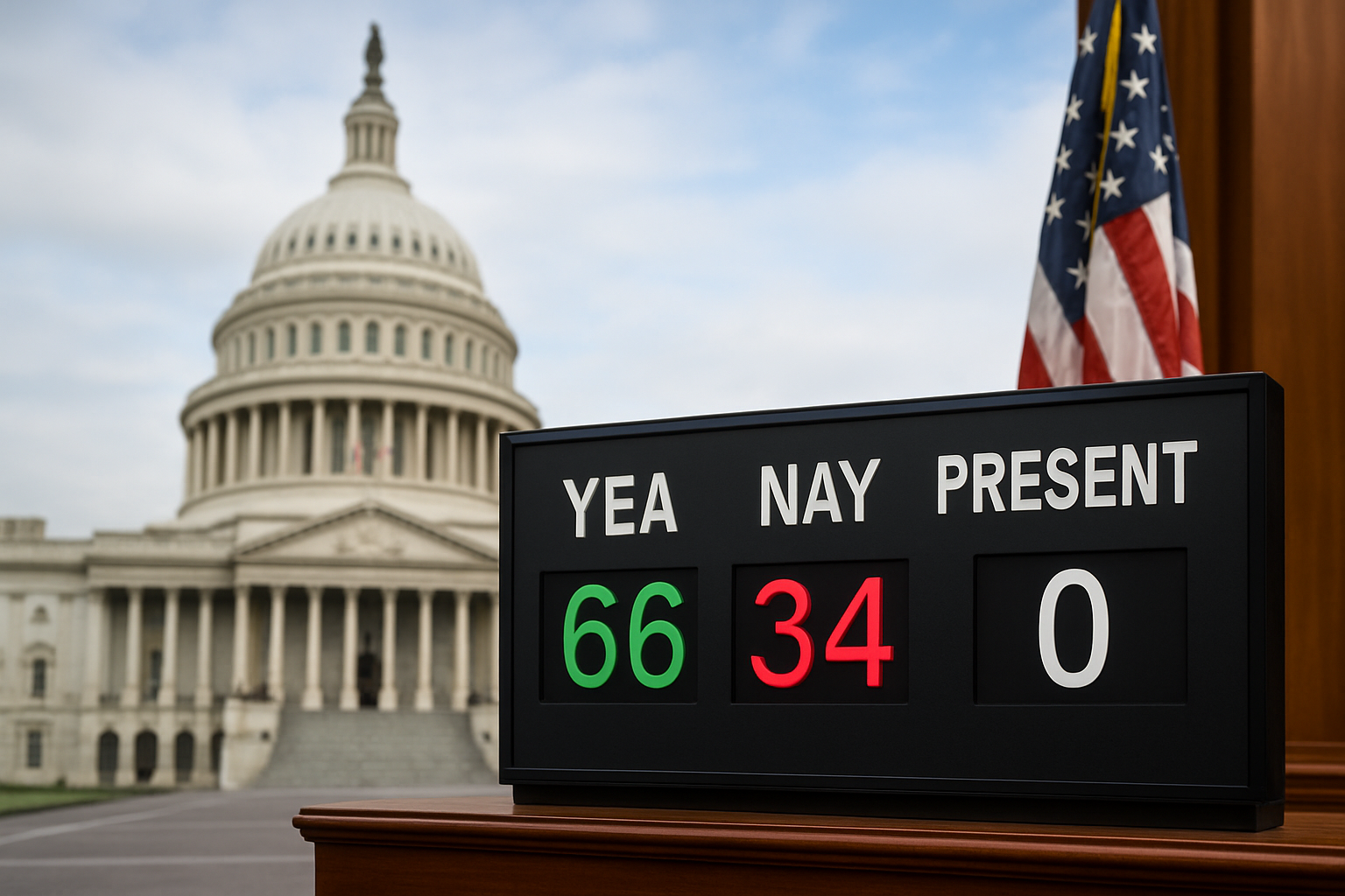 A digital voting display showing Senate vote results in front of the U.S. Capitol building with an American flag beside it.