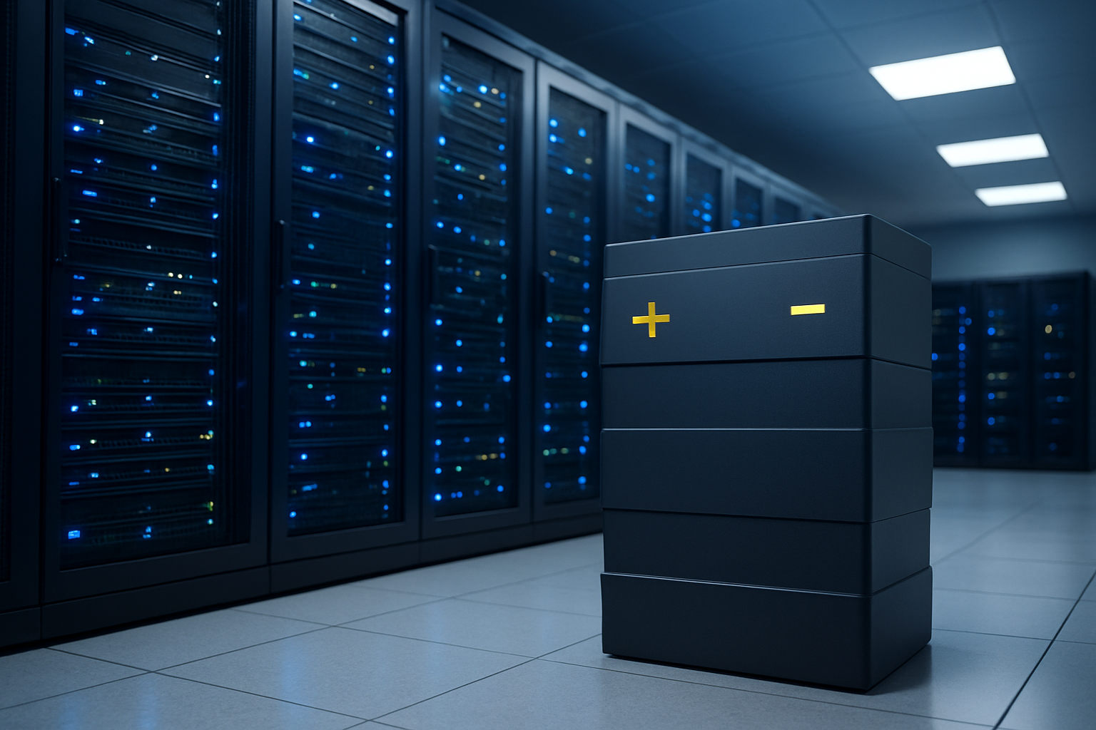 A sleek data center with illuminated server racks and a large industrial battery unit representing advanced energy storage for digital infrastructure.