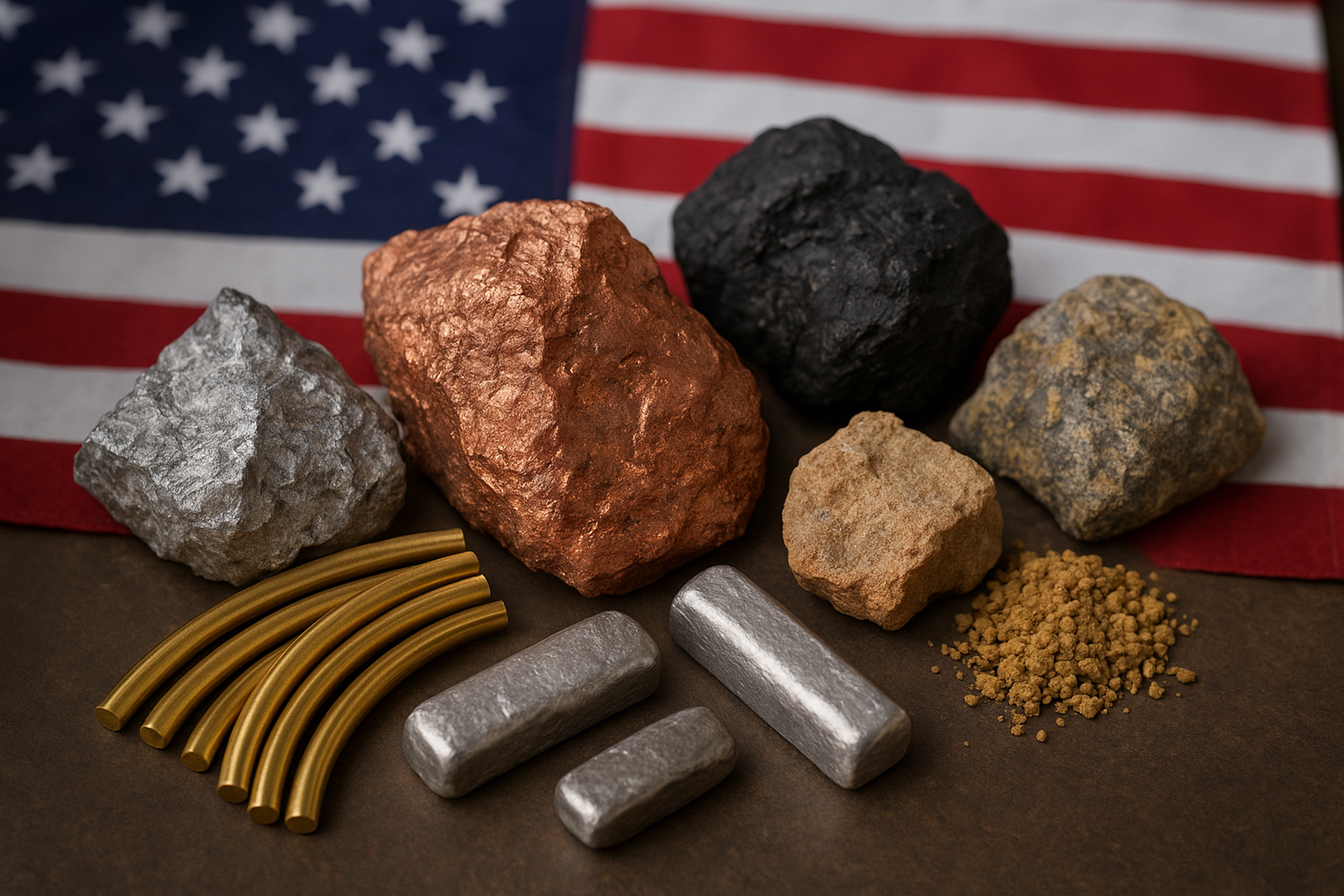 A collection of raw mineral samples — including copper, silver, coal, and other ores — displayed on a table with a blurred U.S. flag in the background.
