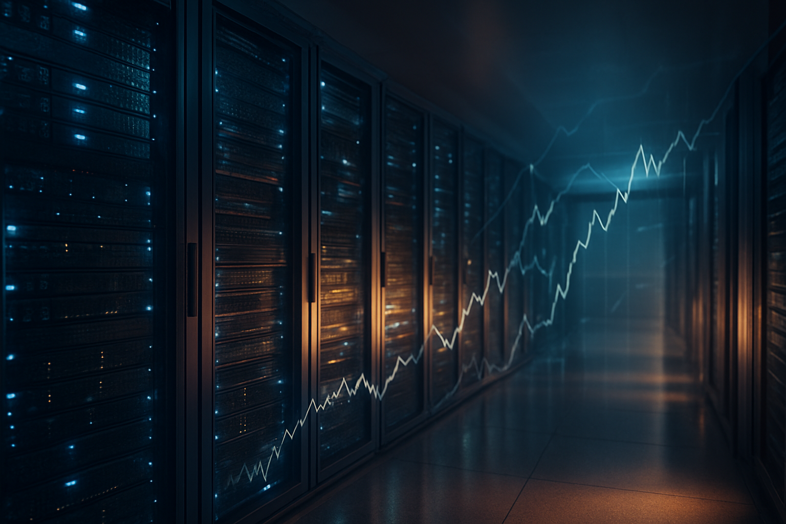 A photorealistic data center hallway with rows of illuminated server racks and abstract upward-trending market lines overlaid across the scene.