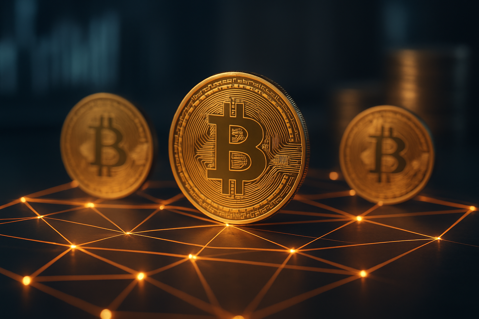 Three gold Bitcoin coins standing on a glowing digital network grid representing blockchain and crypto infrastructure.