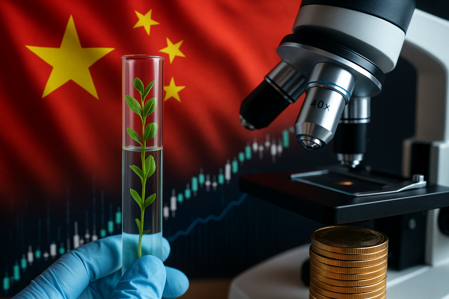 A laboratory scene with a microscope, a test tube holding a plant, and stacks of gold coins set against the Chinese flag and stock chart background.