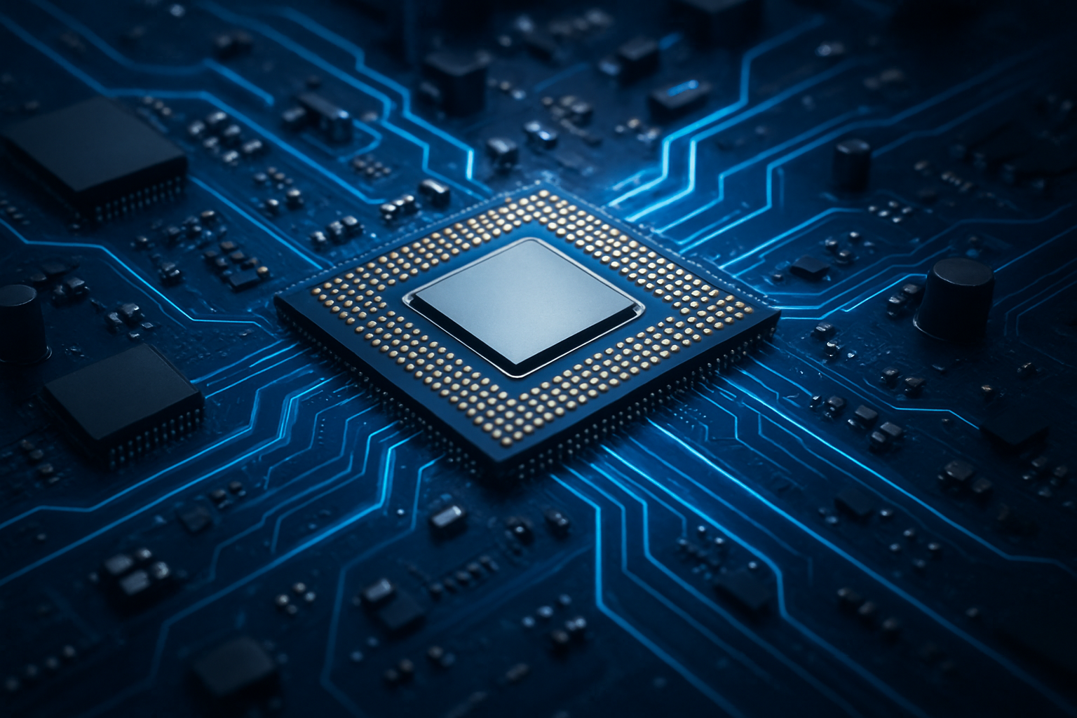 Close-up view of a central processing chip on a blue circuit board with glowing data pathways.