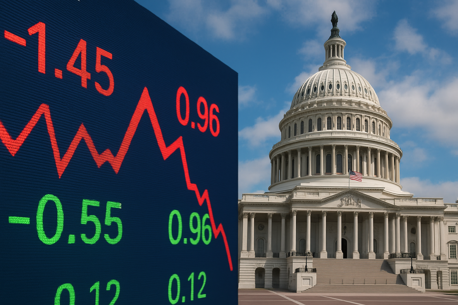 The U.S. Capitol building at dusk with its lights glowing under a dramatic sky, symbolizing political negotiations and market reactions.