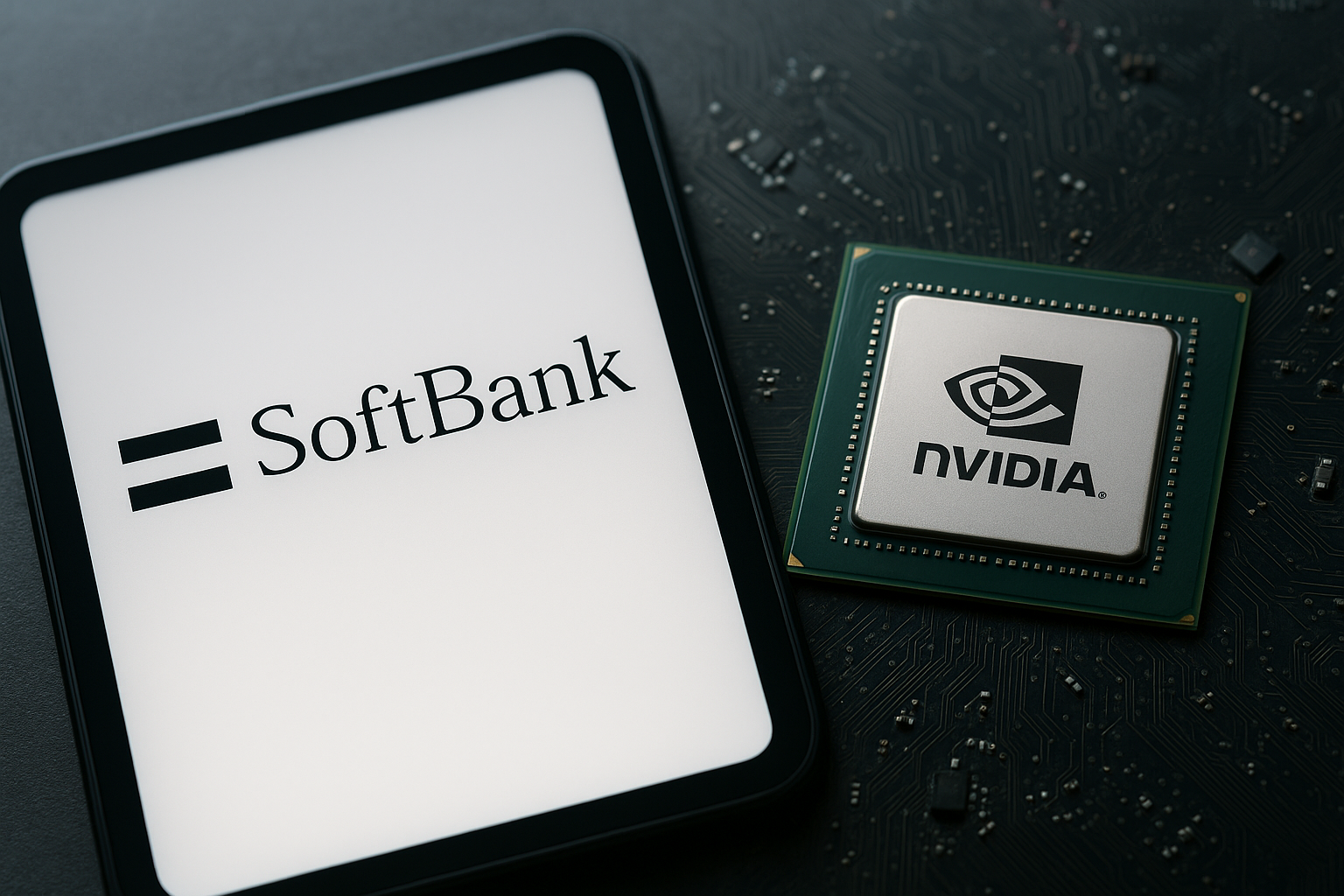 A close-up view of a tablet displaying the SoftBank logo beside an Nvidia microchip on a circuit board, symbolizing the financial and technological connection between the two companies.