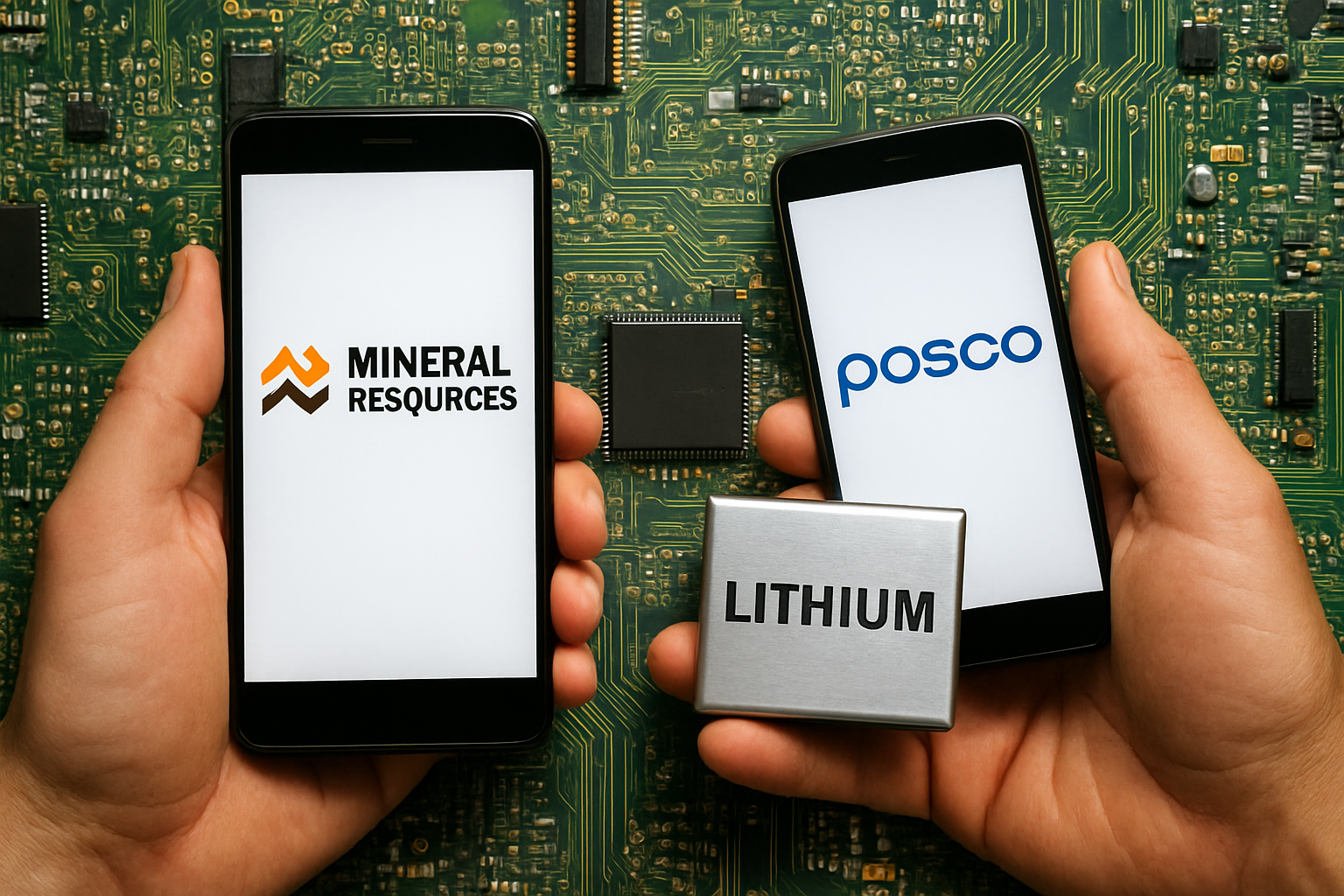 A photorealistic image of lithium ore and metal bars on a reflective surface, symbolizing industrial investment and energy-transition materials.