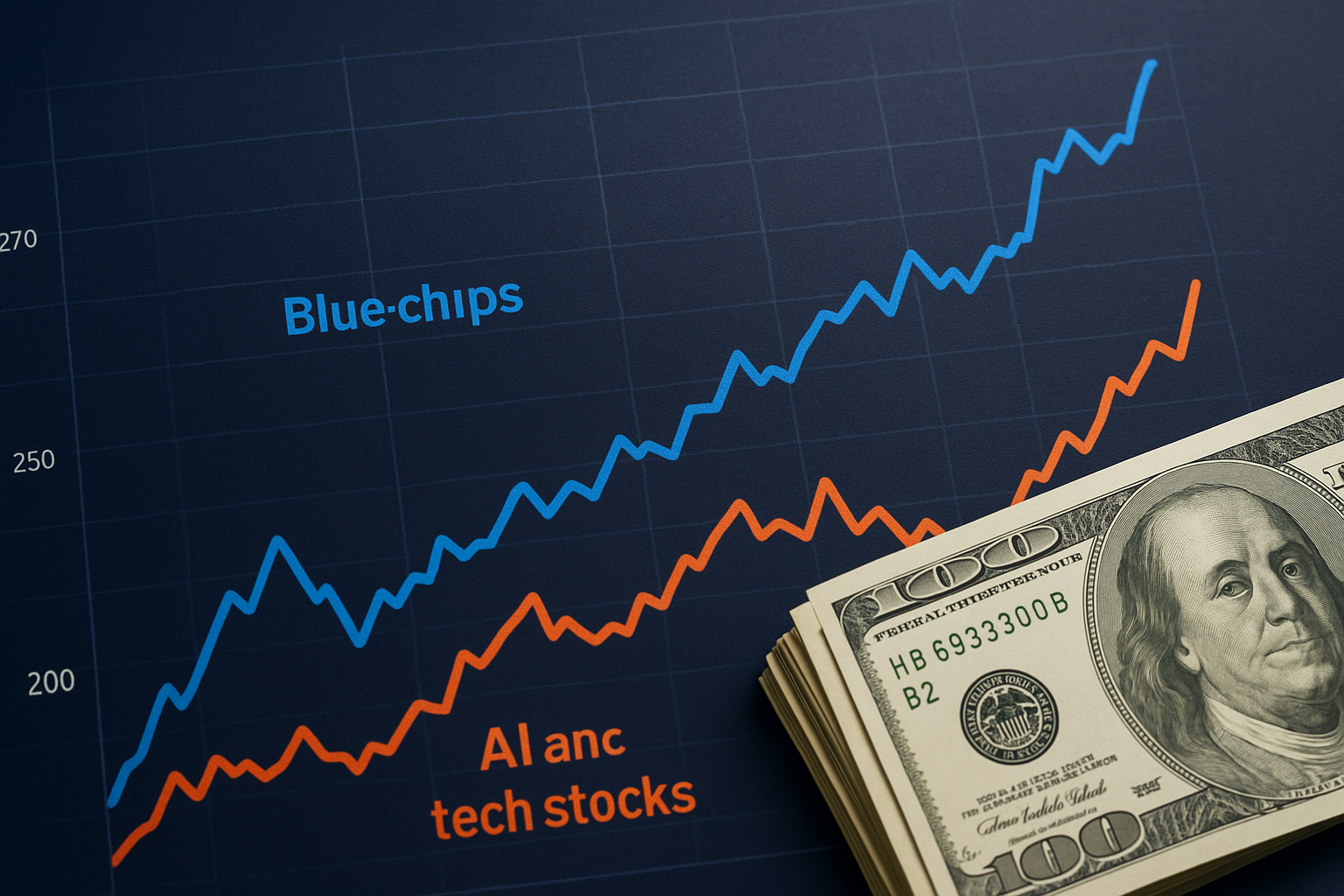 Close-up of a financial stock chart showing blue-chip stocks rising above tech stocks, with U.S. dollar bills in the foreground.