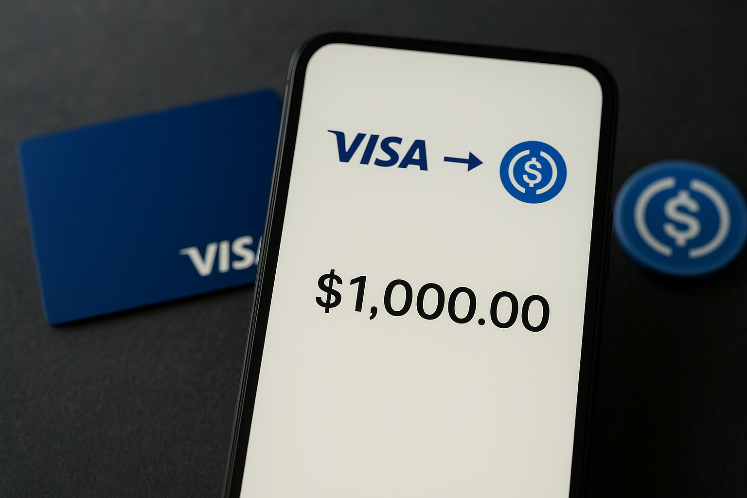 Smartphone showing a digital transaction between Visa and USDC with a Visa card and stablecoin token in the background.