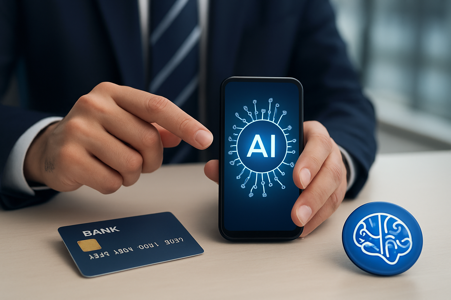 A realistic image showing a business professional interacting with a digital AI interface displaying data analytics and financial charts in a modern office.