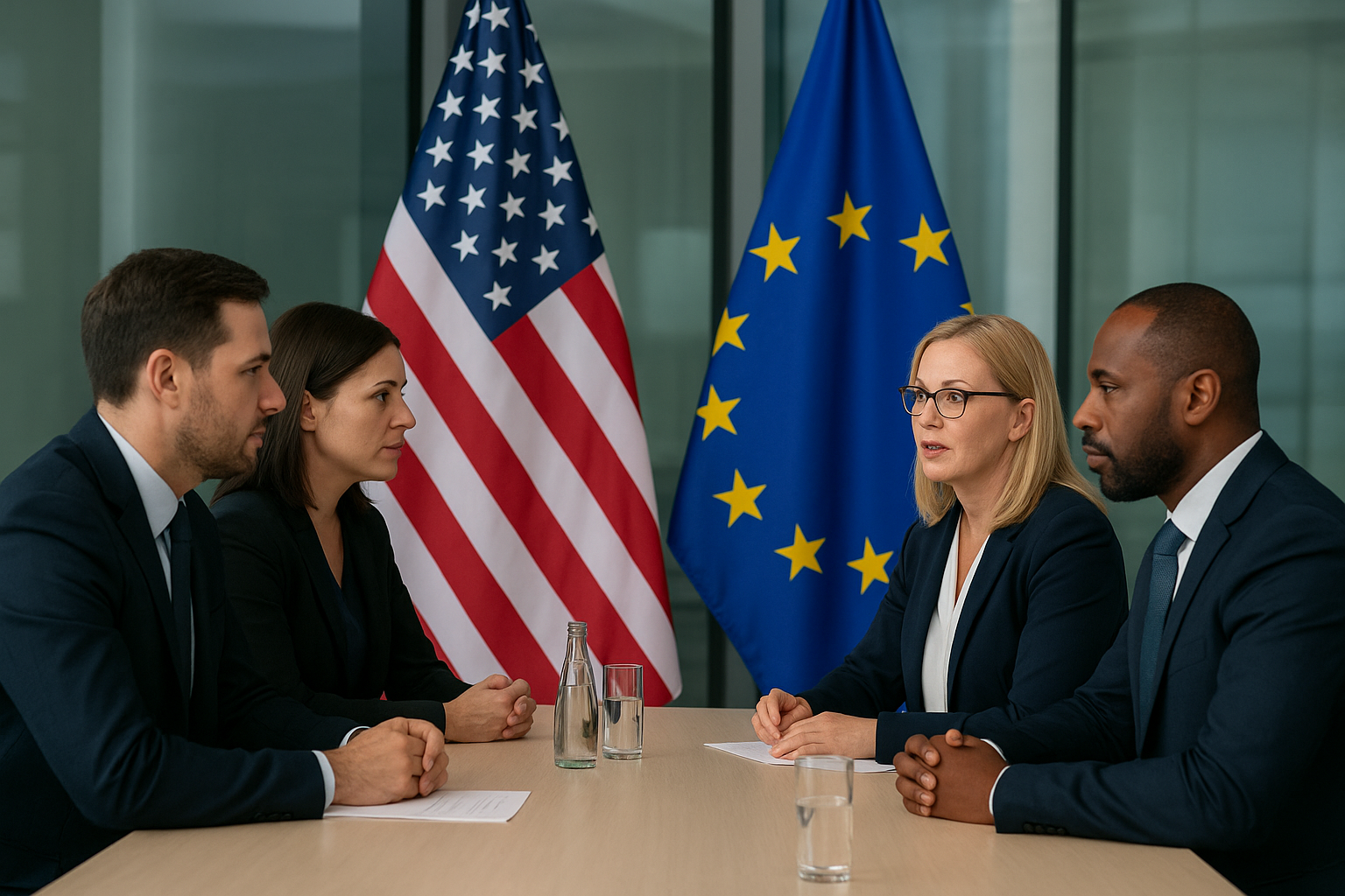 European and American officials seated across a conference table during an international economic meeting, symbolizing strengthened U.S.–EU cooperation.