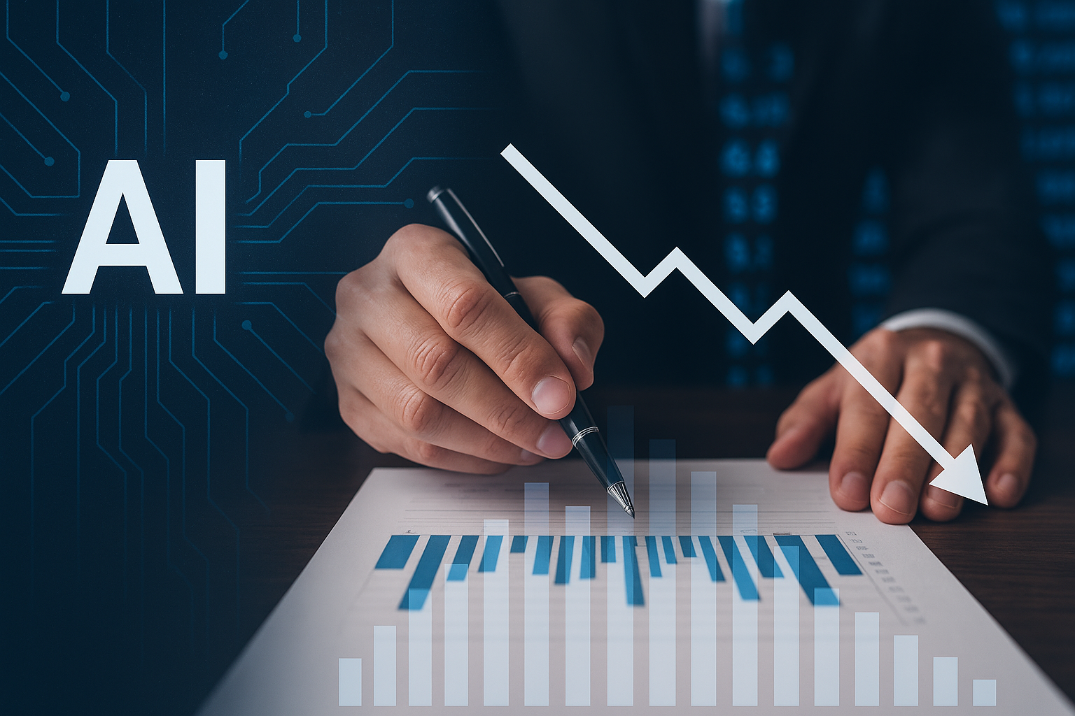 Businessperson analyzing financial charts with AI graphics and a downward-trending arrow symbolizing valuation concerns in artificial intelligence markets.