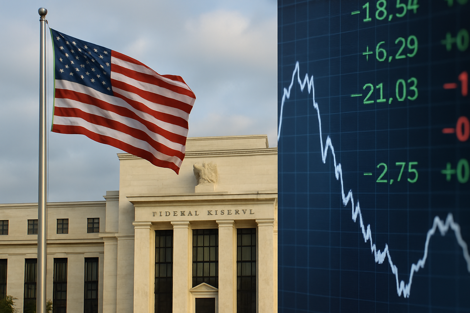 A photorealistic scene showing the U.S. flag, the Federal Reserve building, and a stock market display board with fluctuating numbers, symbolizing market hesitation after the U.S. government shutdown ends.