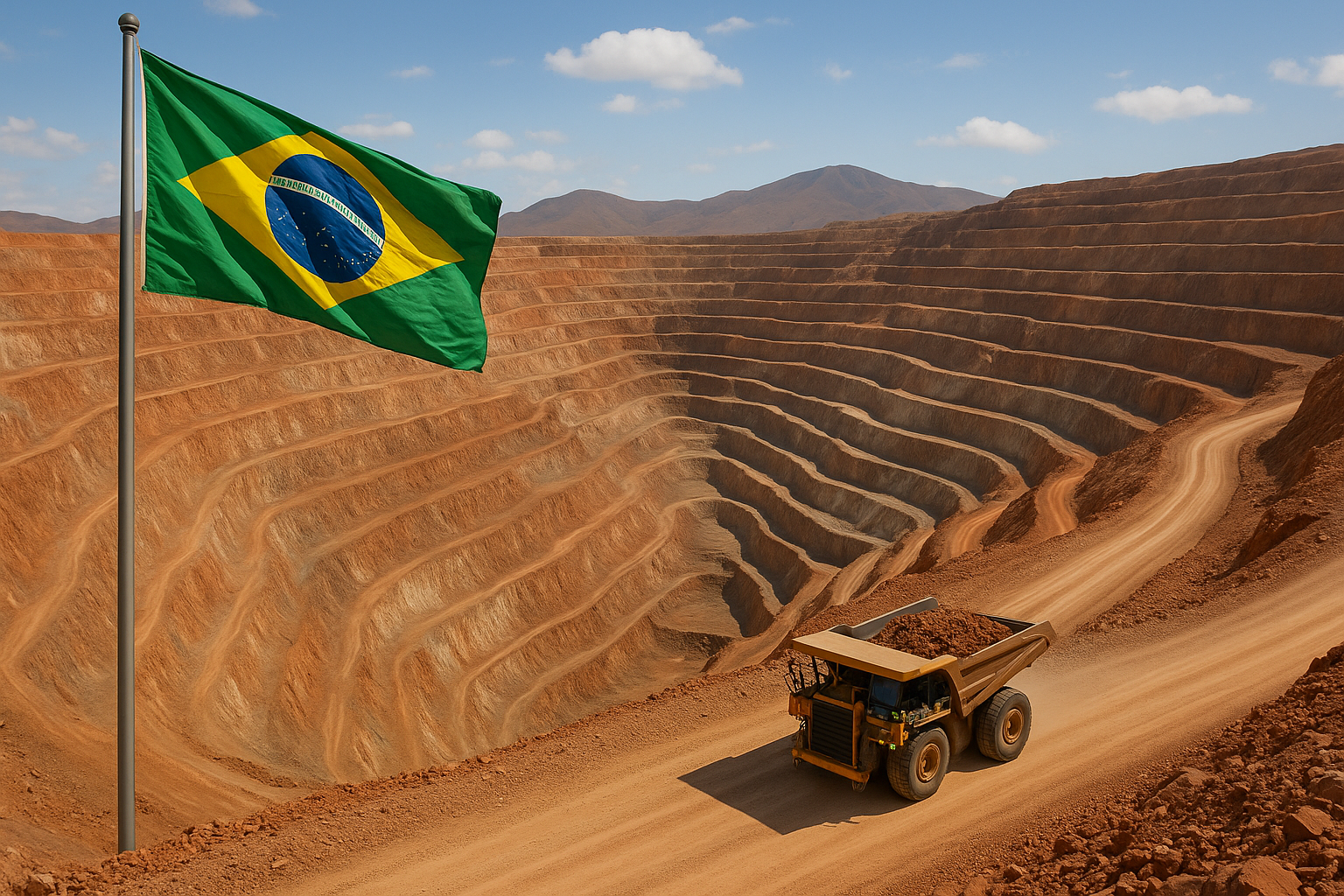 A photorealistic image of a large open-pit copper mine with terraced red-earth levels, a Brazilian flag waving in the foreground, and a heavy mining truck carrying ore along a winding dirt road.