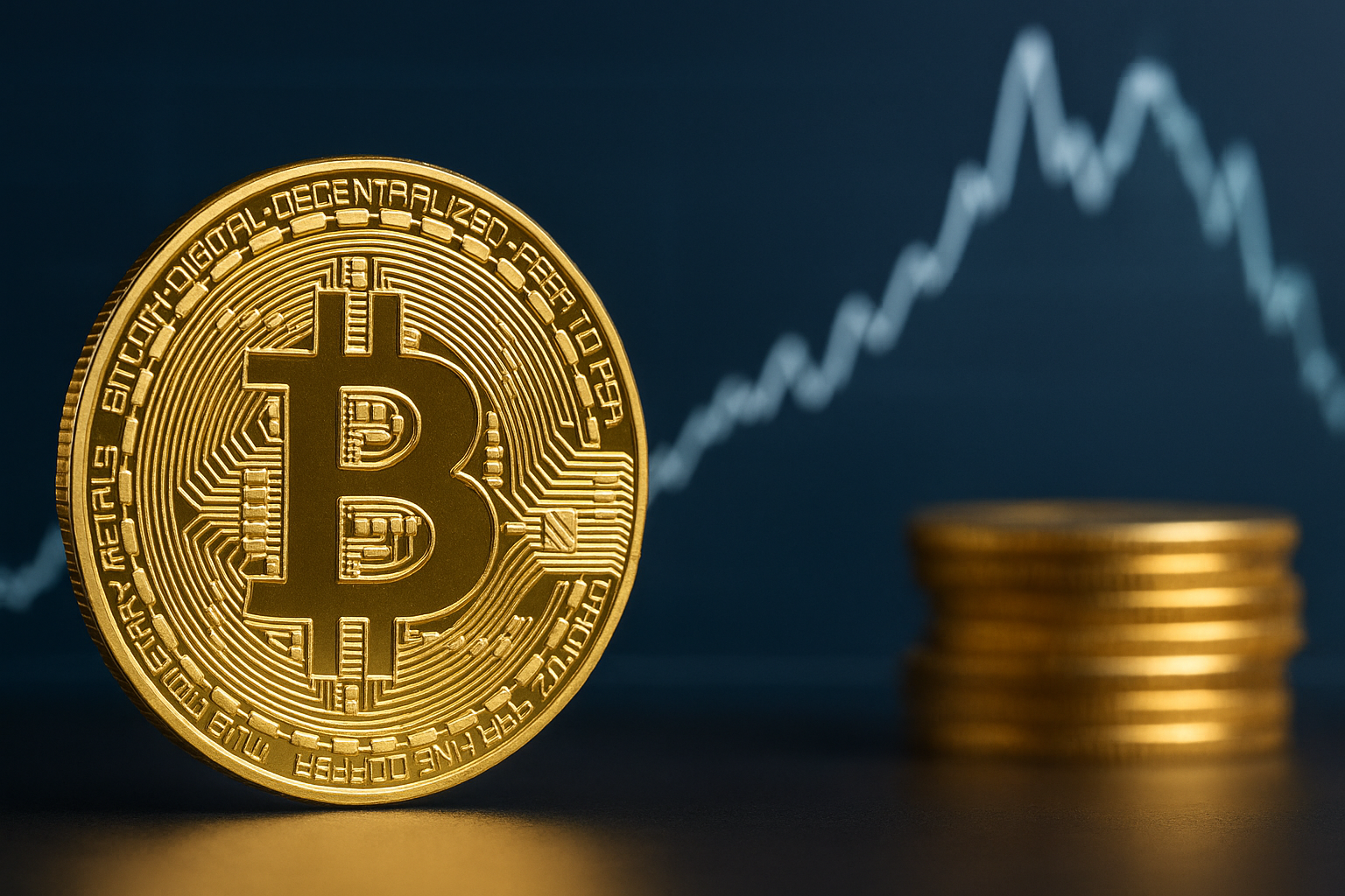 A golden Bitcoin coin in focus with a blurred financial chart showing market fluctuations in the background.