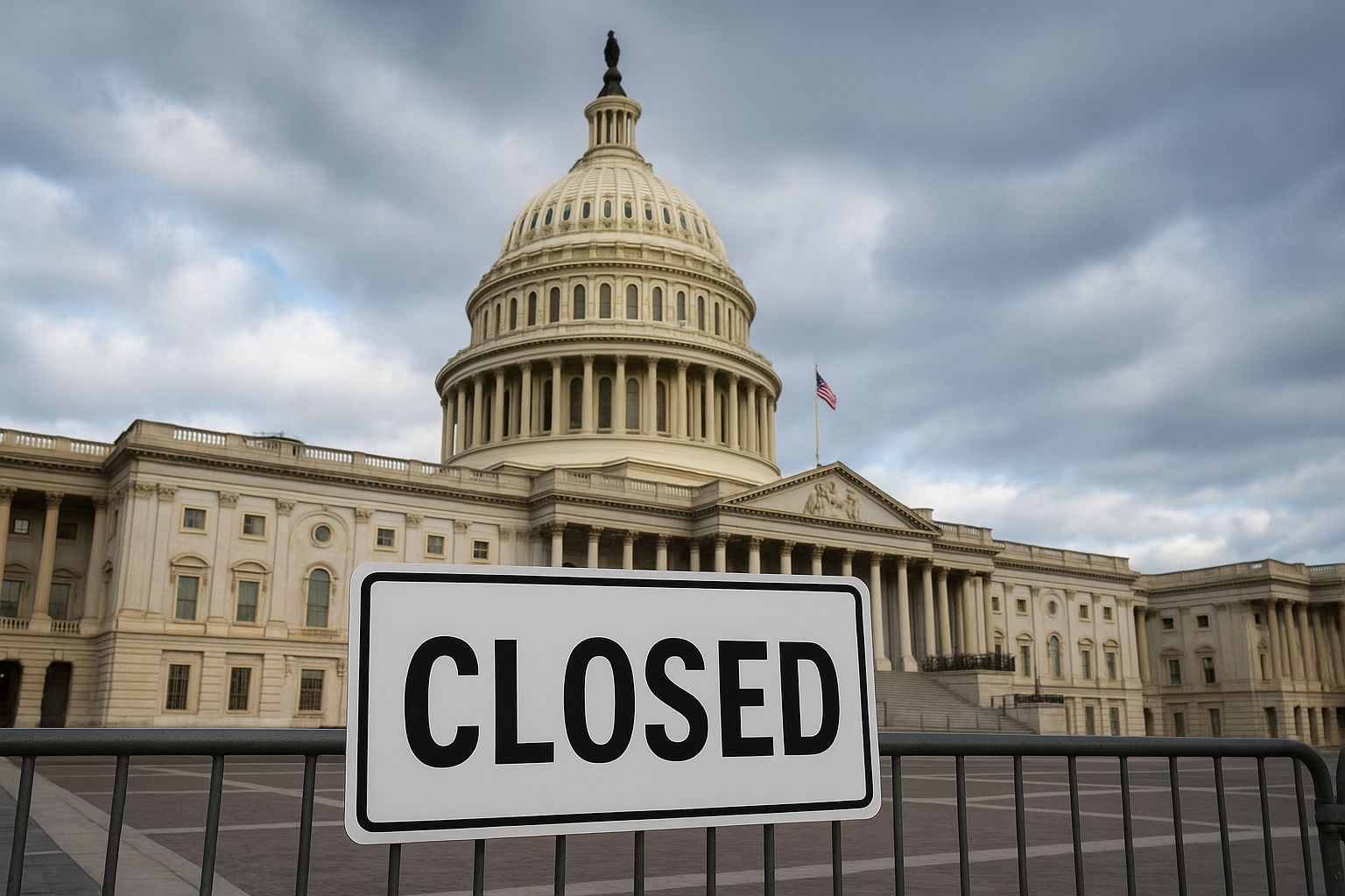 A realistic image of the U.S. Capitol under clear skies, symbolizing government reopening and restored stability.