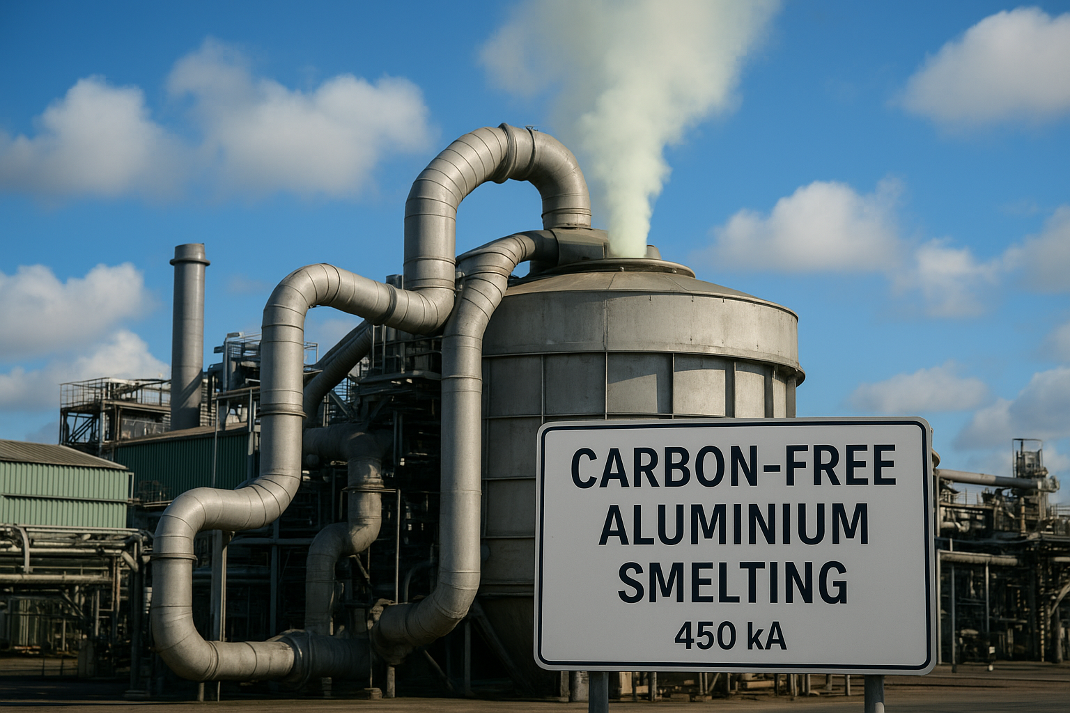 A modern aluminium smelting facility in Québec with large silver ducts and equipment emitting clean vapour under a clear blue sky.