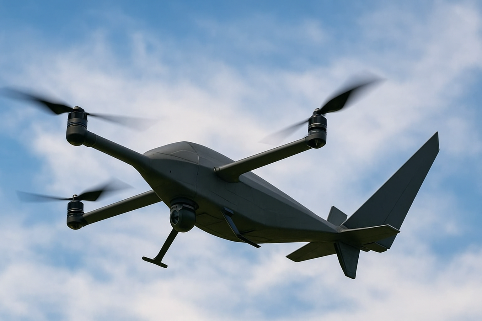 A sleek, futuristic military drone in flight over a desert testing range, symbolizing AI-powered autonomous defense technology.