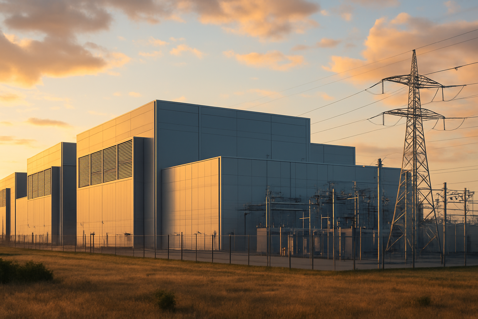 A large, modern data-centre complex in warm sunset lighting, featuring metallic buildings, power infrastructure, and transmission lines.