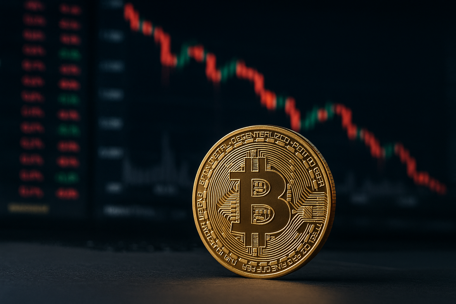 A gold Bitcoin coin in focus with a blurred background showing a falling red-and-green candlestick chart, symbolizing declining crypto market sentiment.