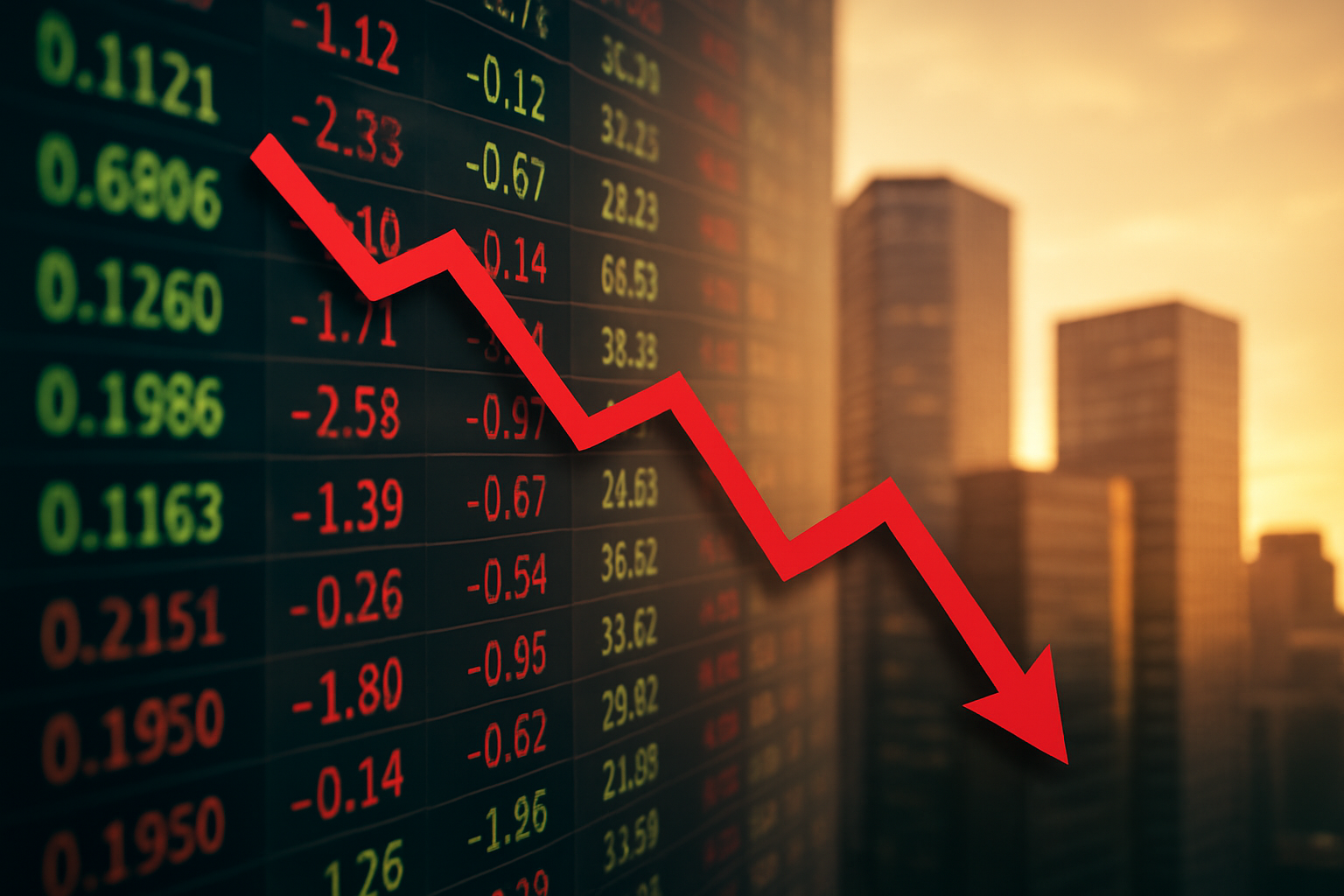 A photorealistic image showing a red downward-trending stock chart line over a digital market board with red and green numbers, set against a city skyline at sunset.