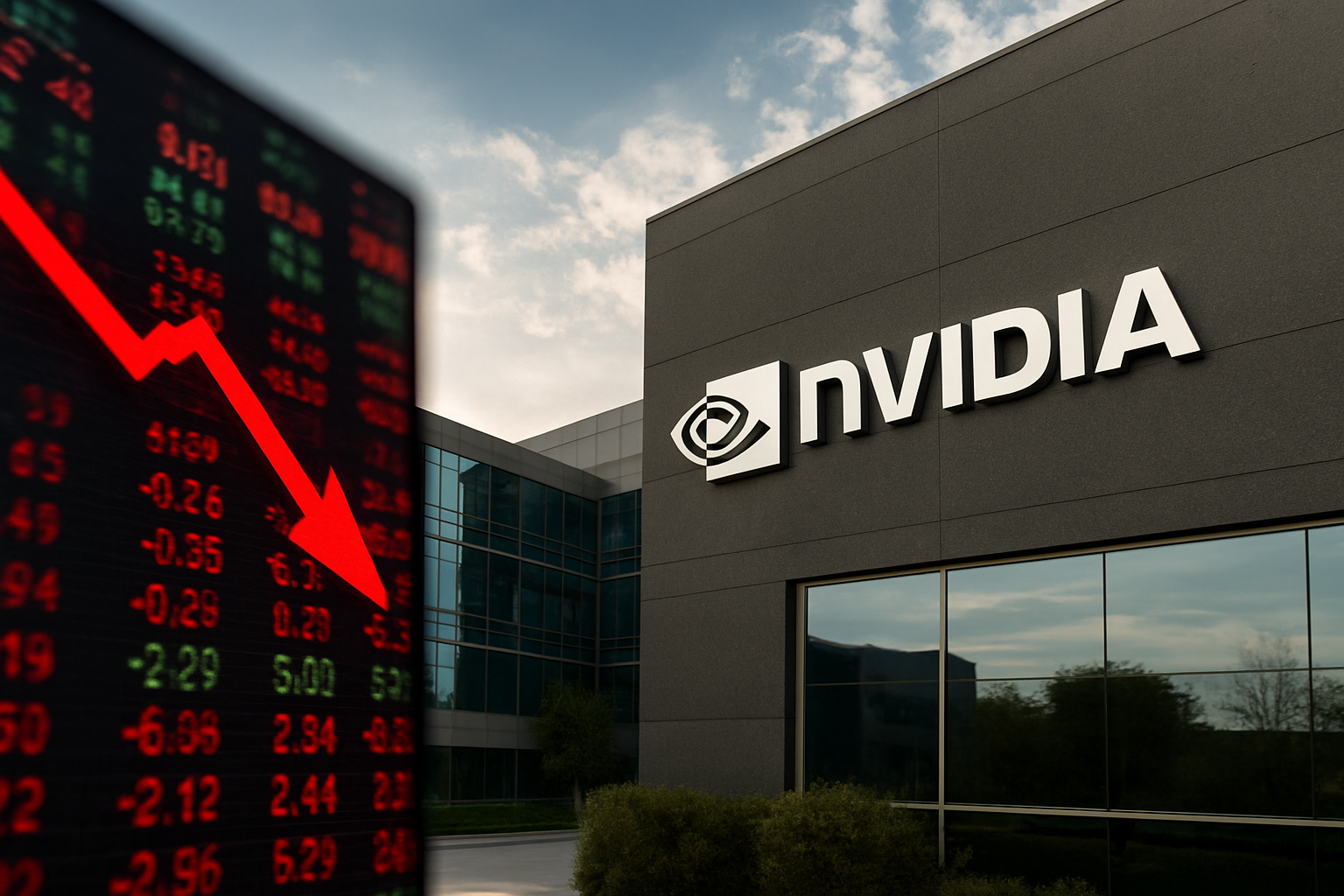 Photorealistic image of the Nvidia corporate headquarters building with a digital stock chart in the foreground showing a sharp red downward trend.