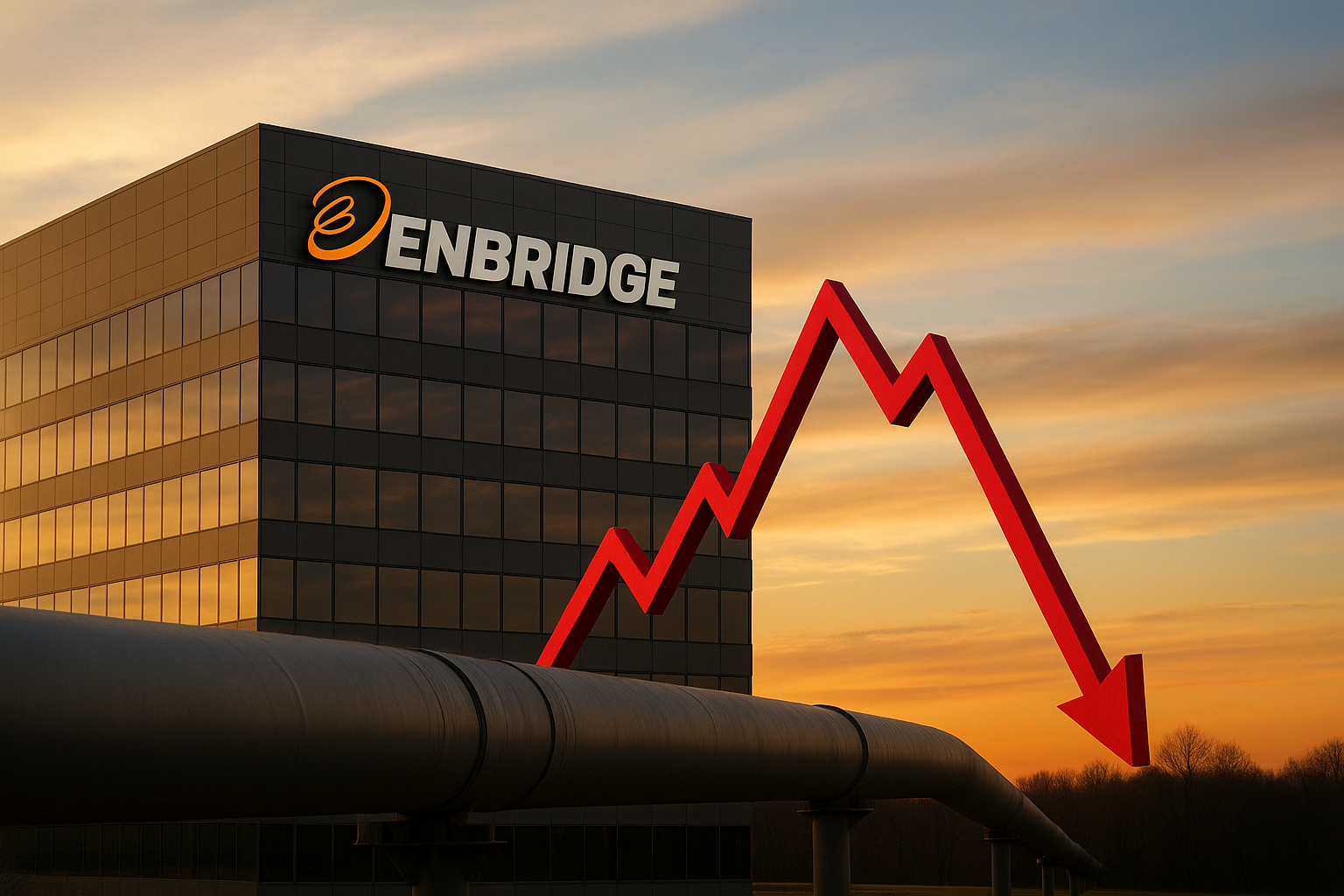 A photorealistic image of an Enbridge office building at sunset with a large crude oil pipeline in the foreground and a symbolic red market-trend arrow.