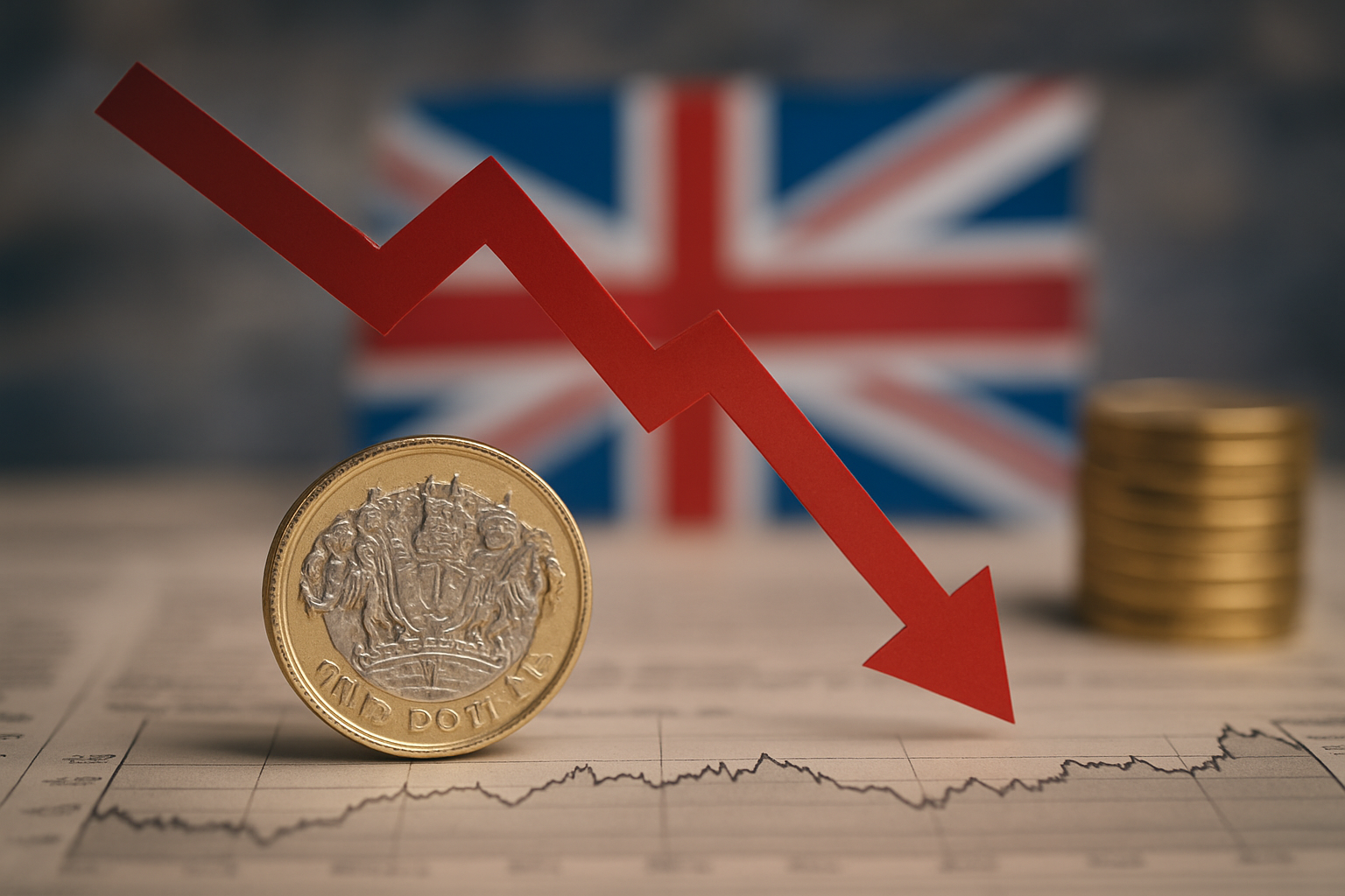 A close-up of a British one-pound coin with a downward red arrow in front of a blurred Union Jack flag, symbolizing the UK’s declining market confidence.