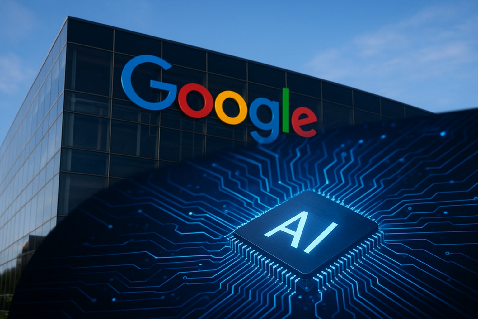 A photorealistic image of a Google office building with a glowing AI microchip graphic in the foreground, symbolizing AI infrastructure expansion.
