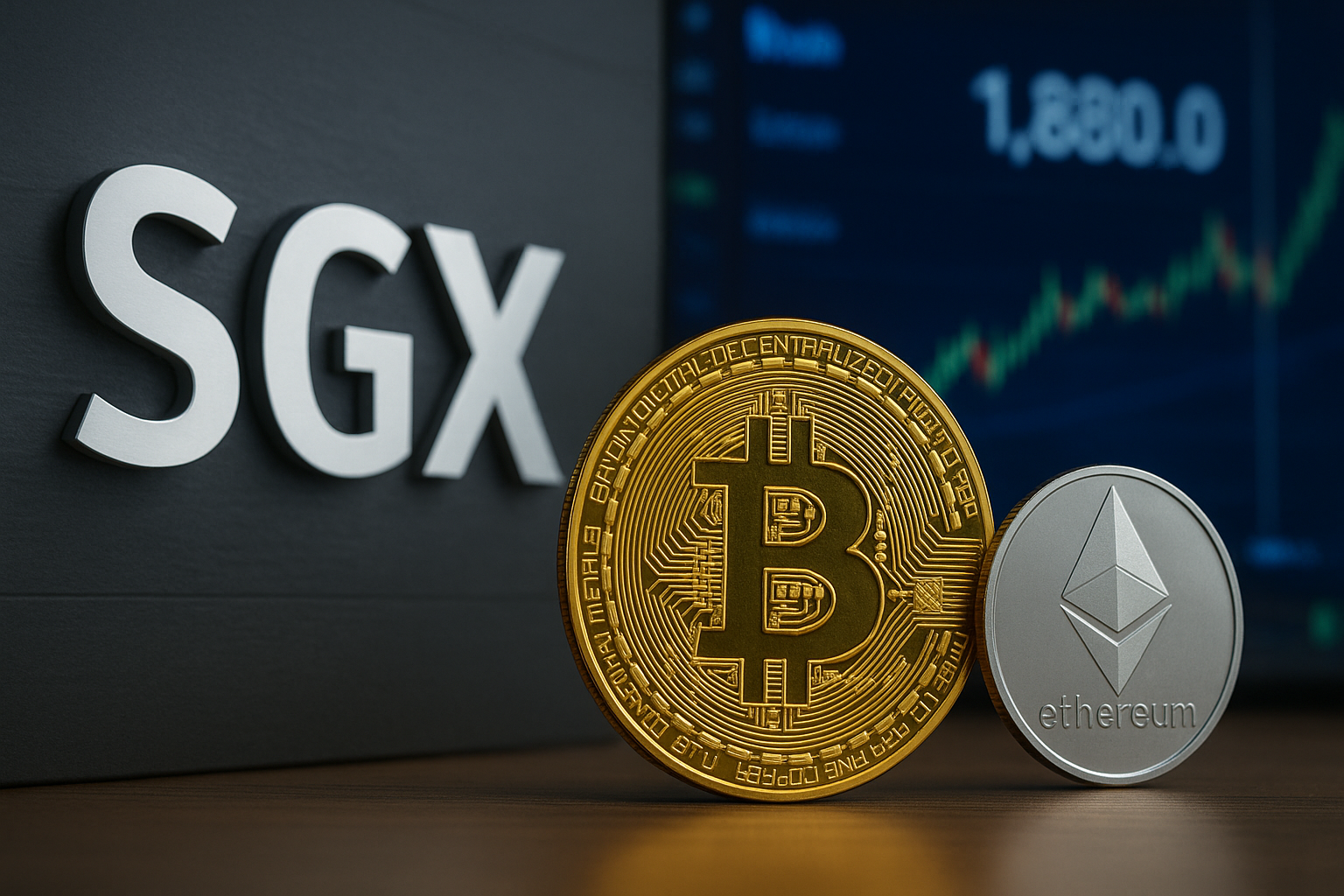 Photorealistic image of Bitcoin and Ethereum coins placed in front of the SGX logo with a digital trading chart in the background.