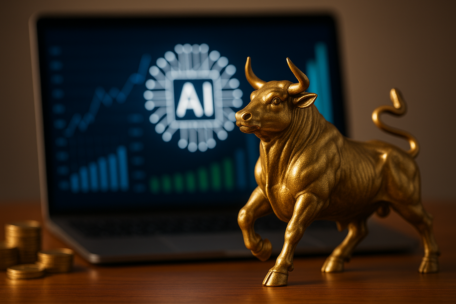 A photorealistic scene showing a golden bull statue in front of a laptop displaying abstract AI graphics and financial charts, symbolizing growth and AI-driven investment trends.