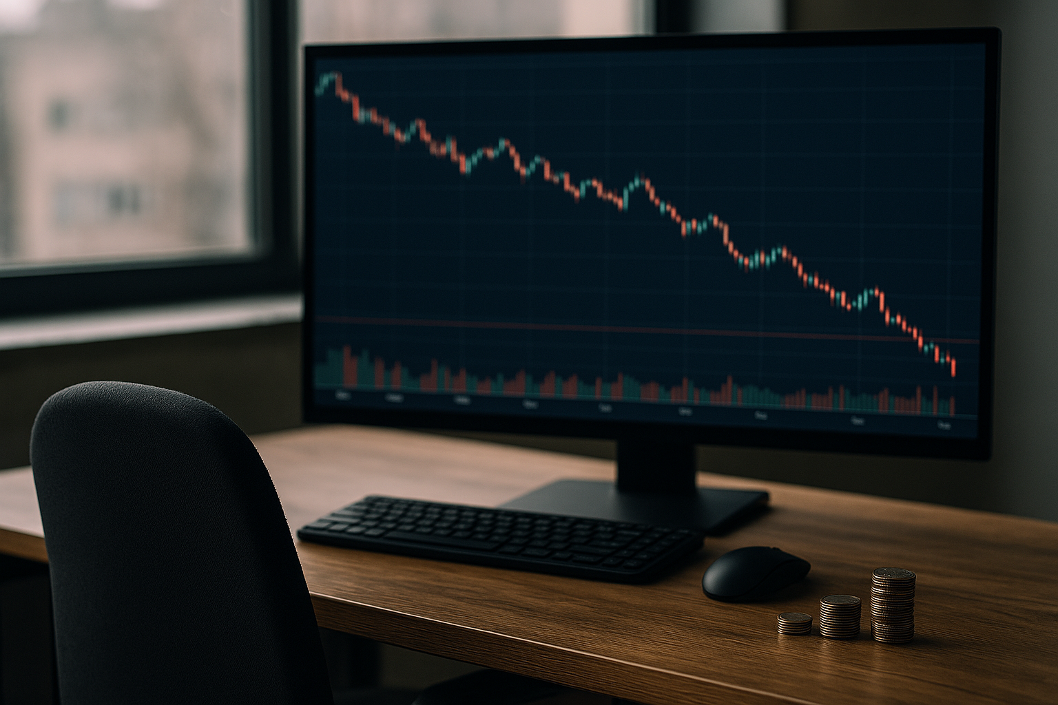 A photorealistic trading desk with a large monitor displaying a sharp downward-trending stock chart, an empty chair, and small stacks of coins on a wooden desk.