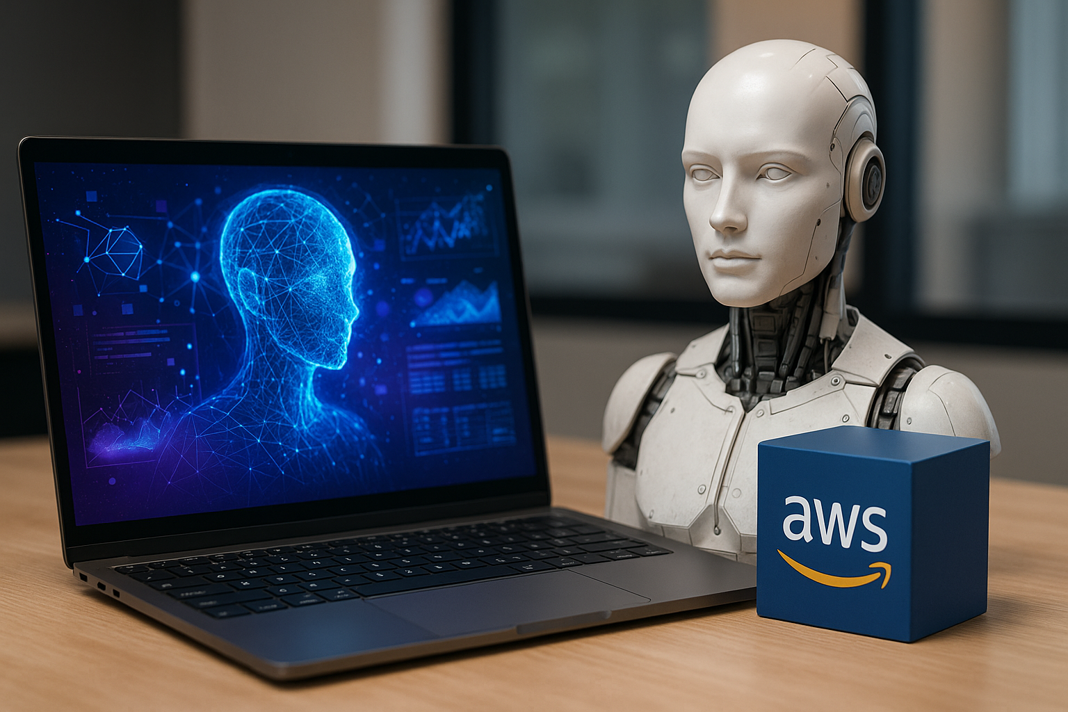 A photorealistic scene showing a laptop displaying a glowing generative AI interface, beside a humanoid robot model and an AWS-branded cube on a wooden desk.